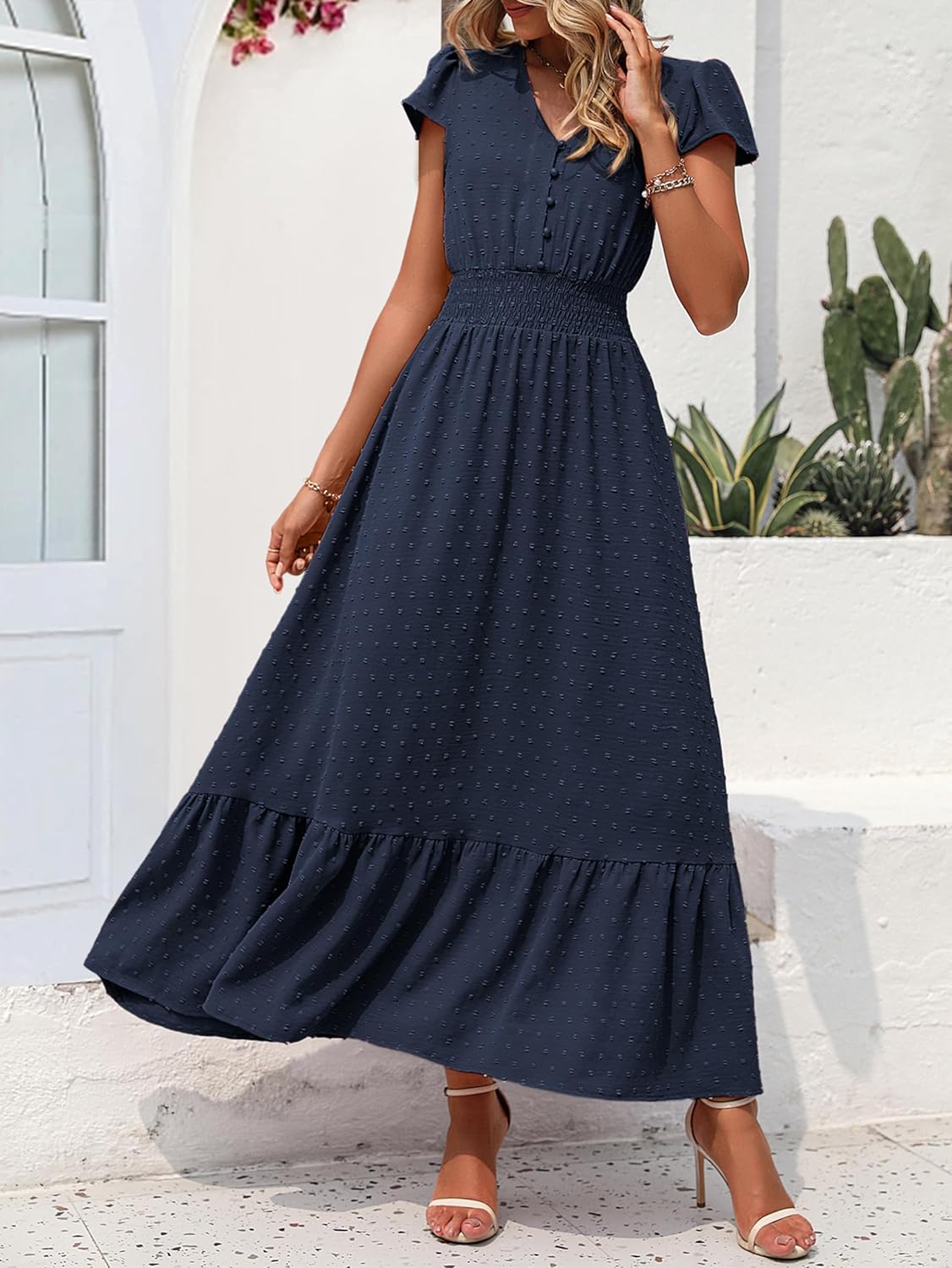 PRETTYGARDEN Womens Dresses 2025 Summer Maxi Dress Boho Short Sleeve V Neck Swiss Dot Ruffle Tiered Smocked Flowy Long Dress