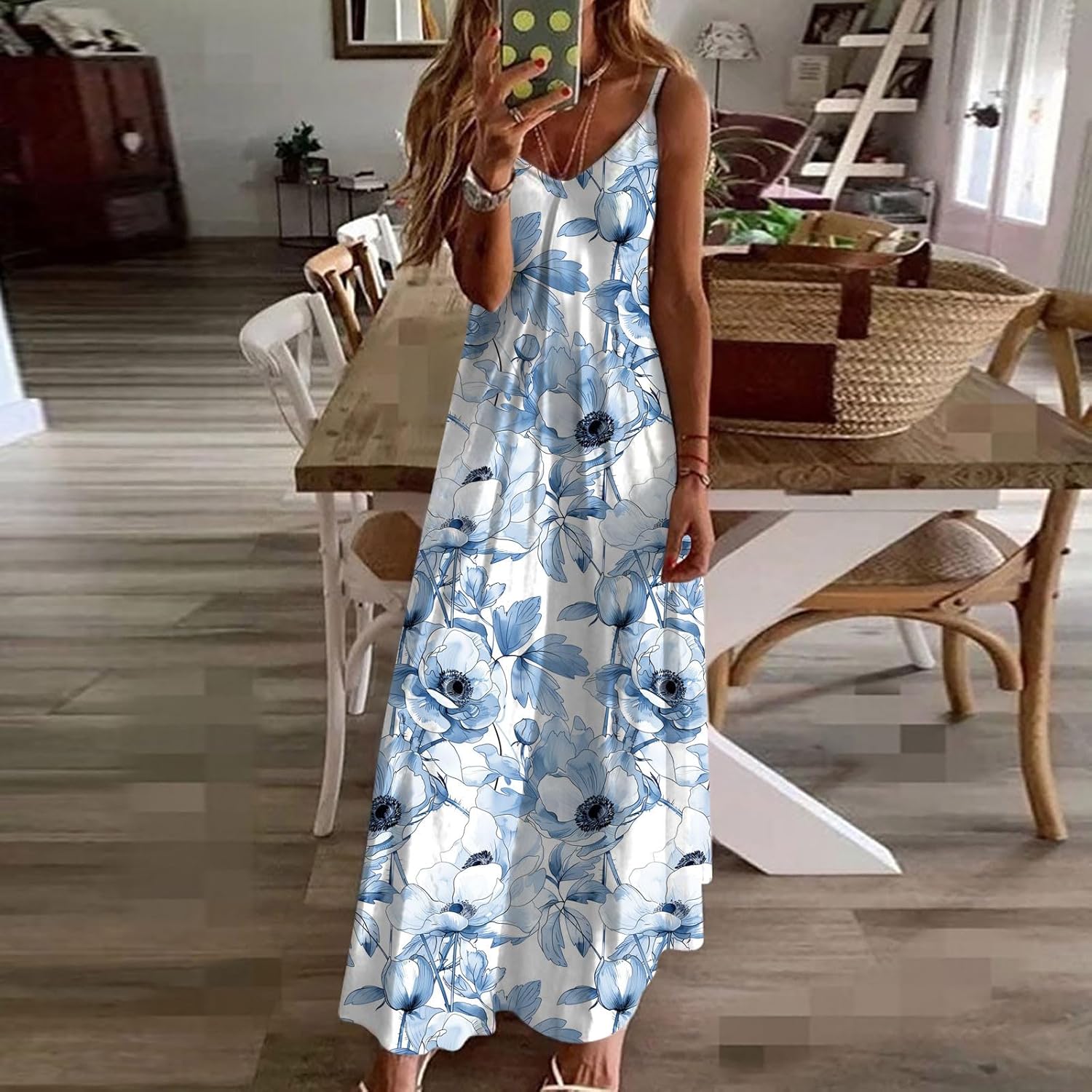 Womens Floral Maxi Dresses Spaghetti Strap Casual Summer Long Dress Vneck Flowy Boho Beach Sundress Vacation Outfits