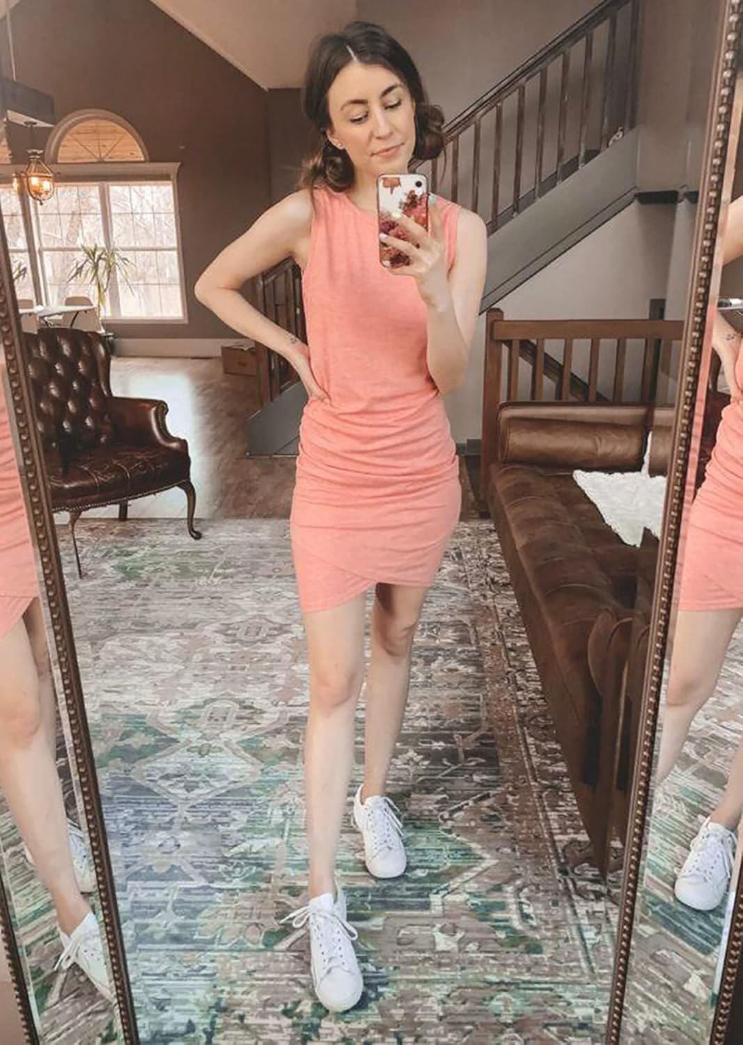 BTFBM Women 2025 Summer Sleeveless Tank Dresses Crew Neck Slim Fit Short Casual Ruched Bodycon Party Club Mini Dress