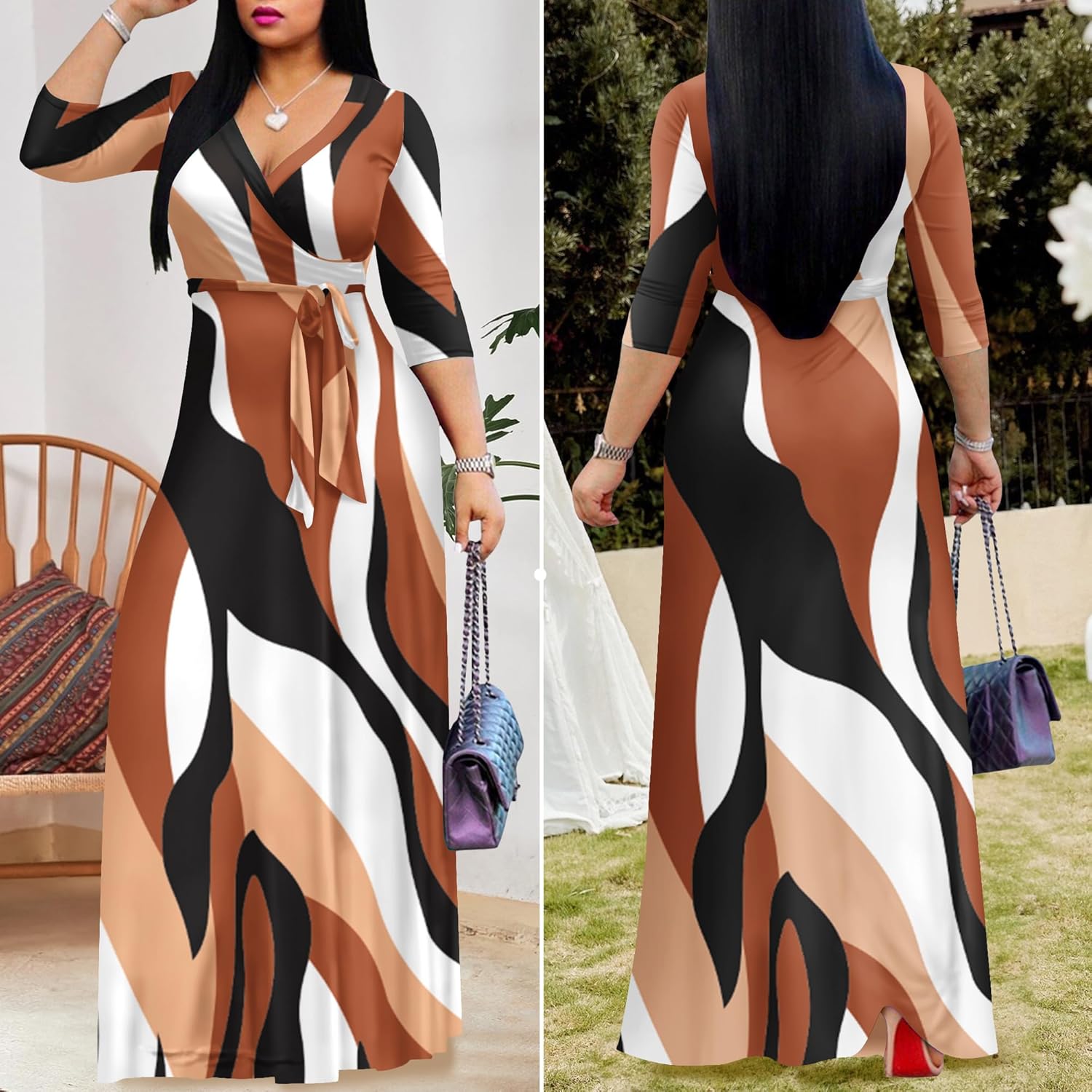 FANDEE Plus Size Maxi Dress for Women Casual Summer Sundress V-Neck 3/4 Sleeve