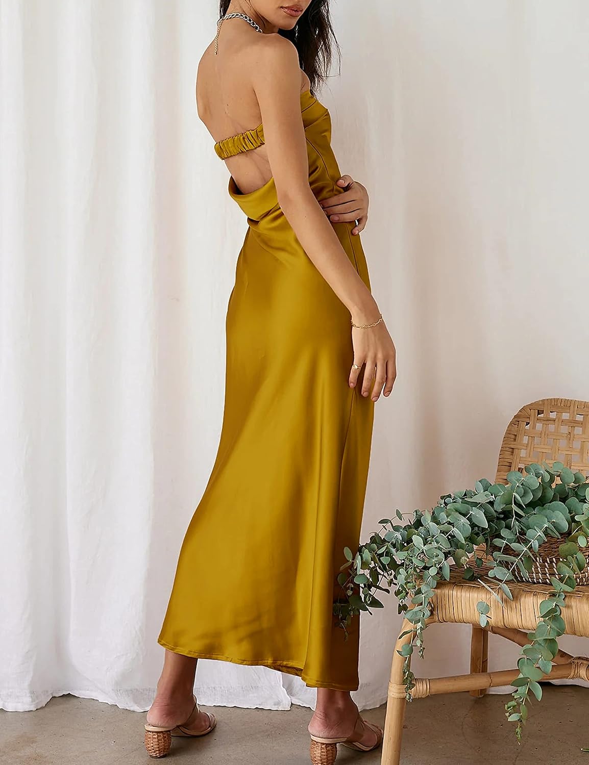 Realtix Satin Silk Backless Tube Tops Maxi Dress for Women Low Back Hollow Out Elegant Strapless Long Dresses Wedding Guest