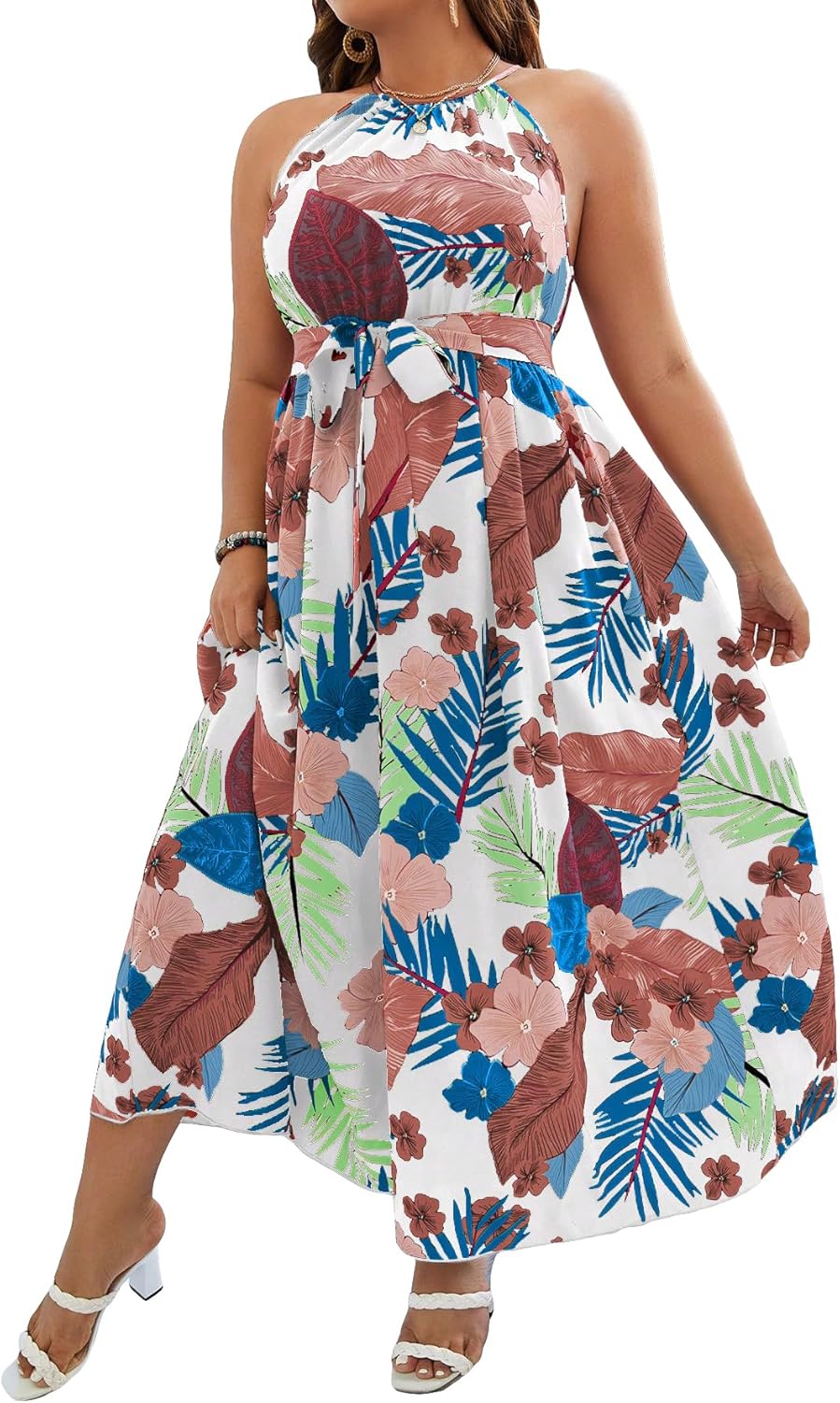 Floerns Women's Plus Size Boho Sleeveless Halter Neck Tie Back A Line Long Dress