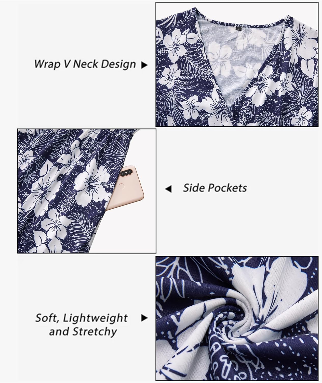 OUGES Women's Summer Short Sleeve V-Neck Floral Short Party Dress with Pockets