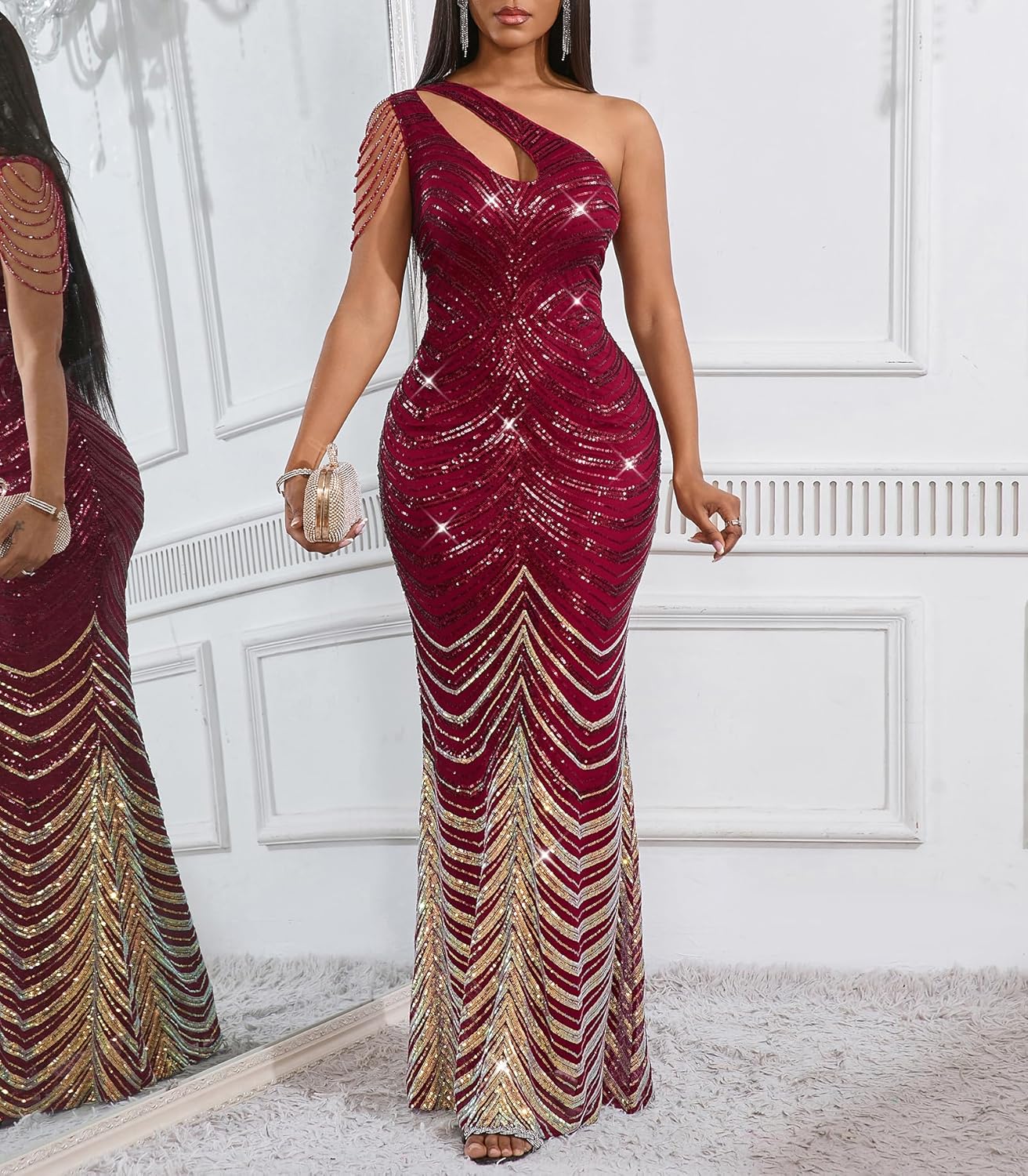 Cololura Women Sequin Elegant Sexy One Shoulder Tassel Mermaid Bodycon Cocktail Evening Dress