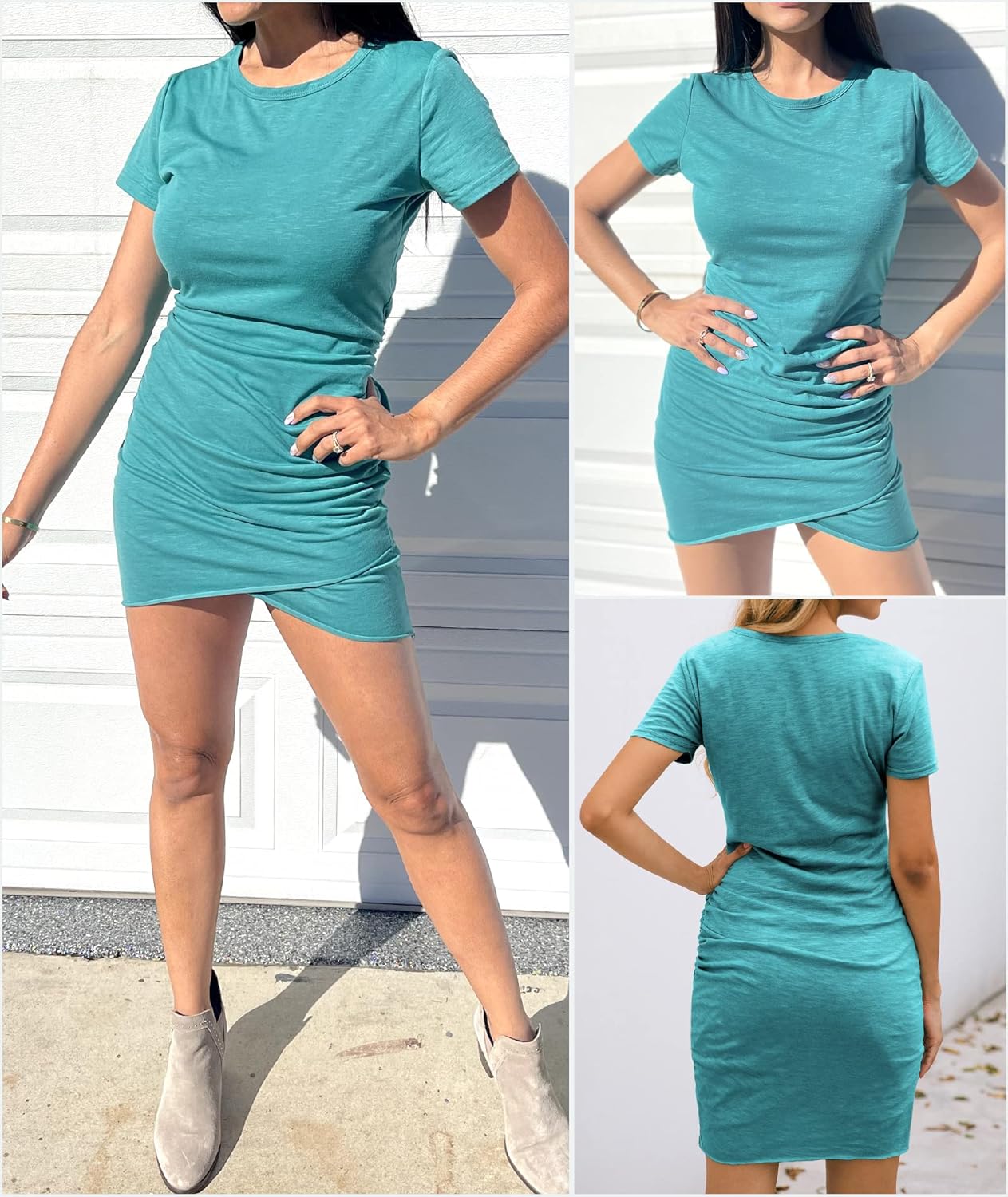 BTFBM Women's 2025 Summer Casual Beach Dresses Crew Neck Short Sleeve Wrap Party Club Mini Ruched Bodycon T Shirt Dress