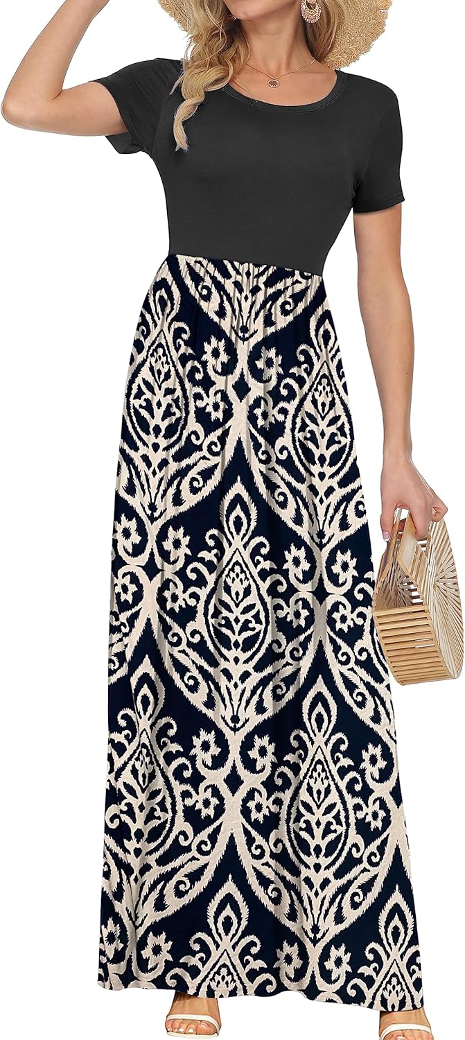 AUSELILY Women's Short Sleeve Loose Plain Casual Long Maxi Dresses for Women 2025