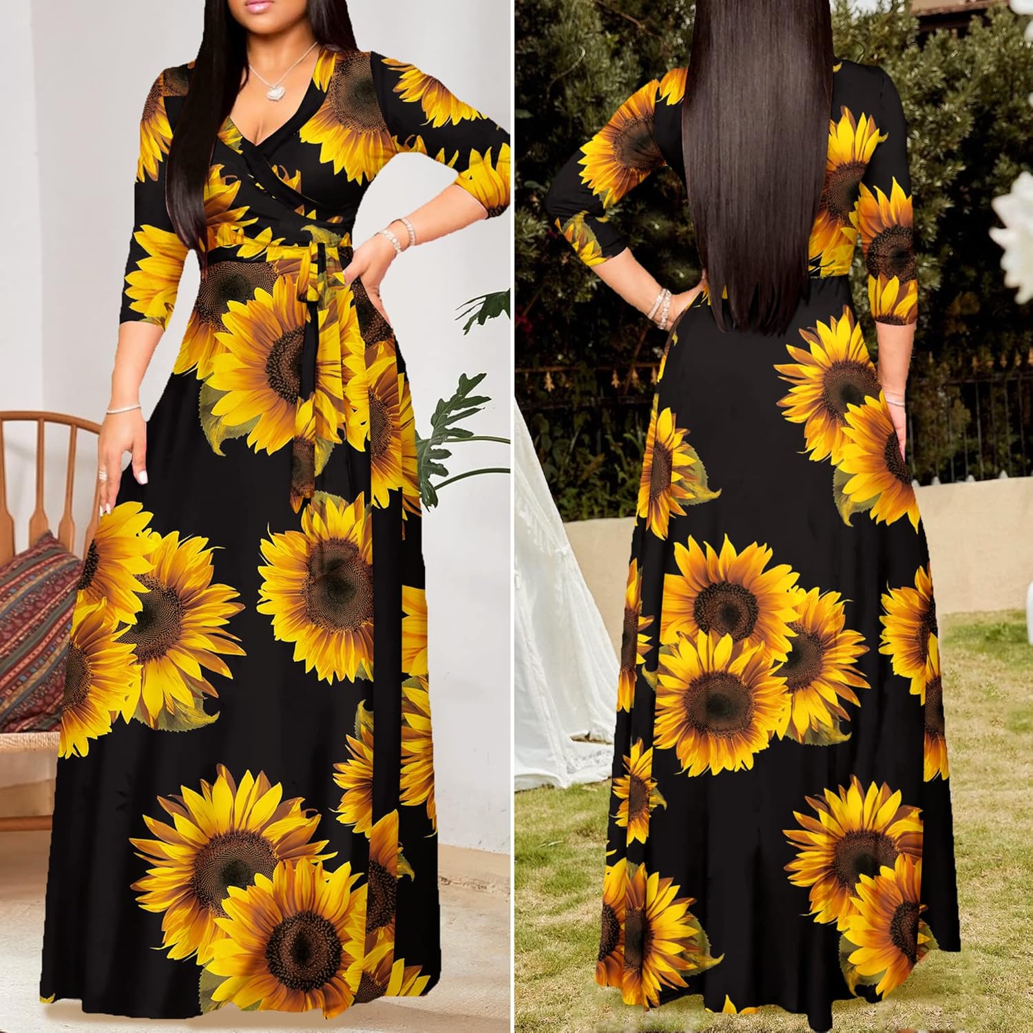 FANDEE Plus Size Maxi Dress for Women Casual Summer Sundress V-Neck 3/4 Sleeve