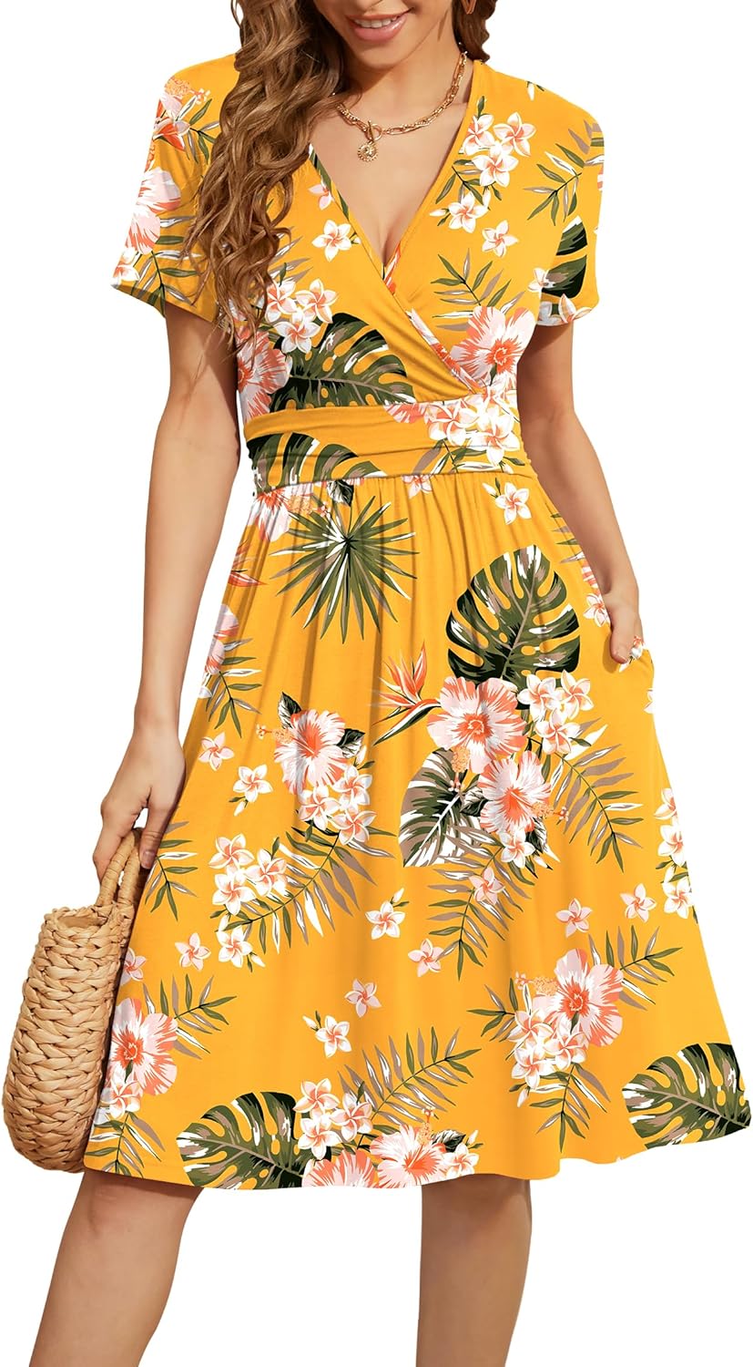 WEACZZY Women's Summer Short Sleeve Casual Dresses V-Neck Floral Party Dress with Pockets