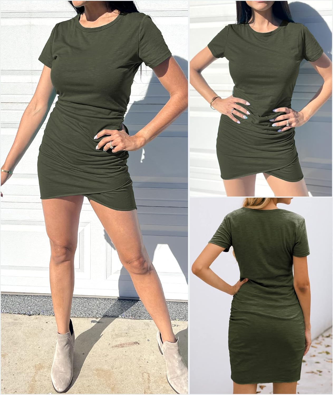 BTFBM Women's 2025 Summer Casual Beach Dresses Crew Neck Short Sleeve Wrap Party Club Mini Ruched Bodycon T Shirt Dress