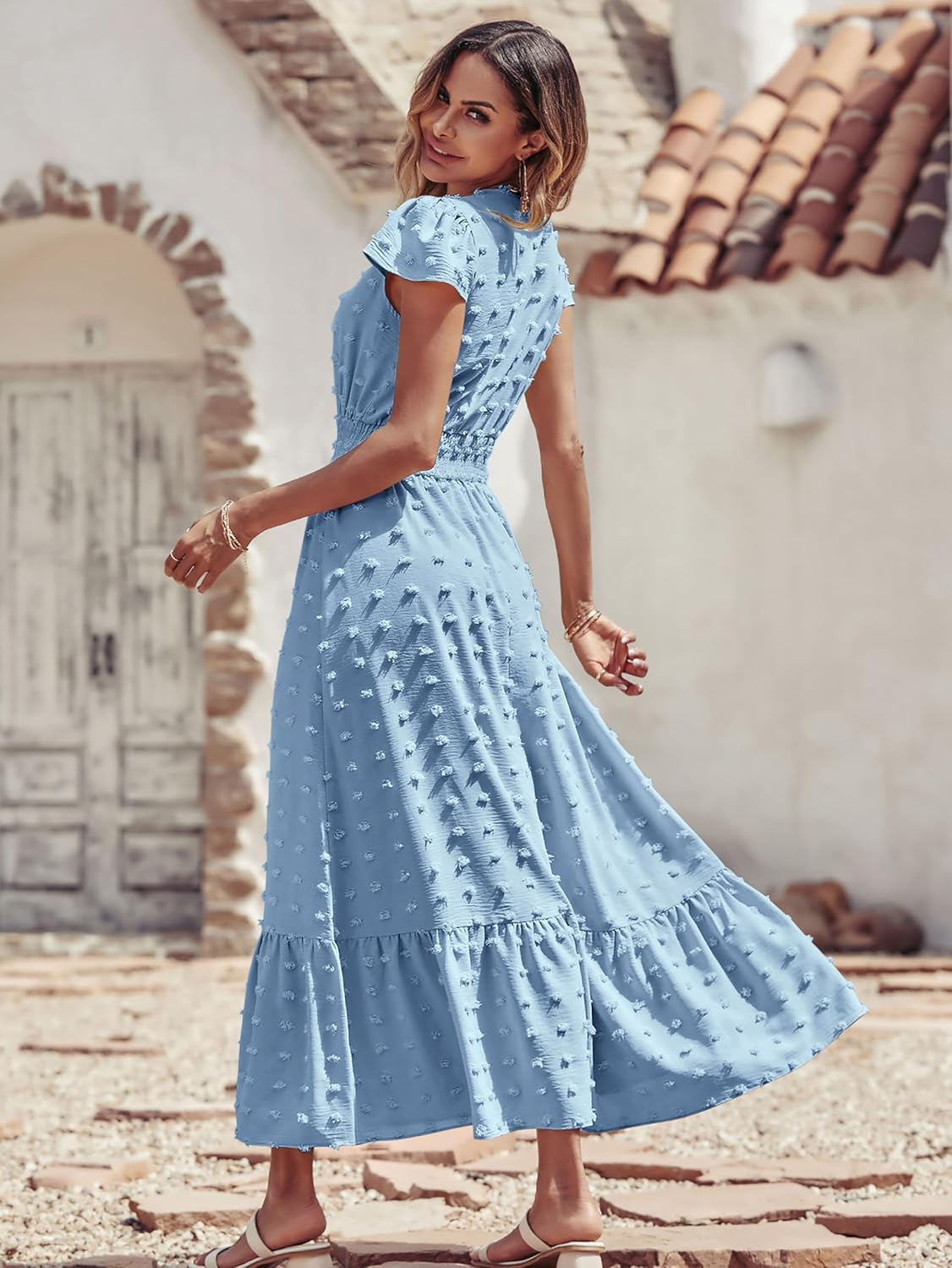 PRETTYGARDEN Womens Dresses 2025 Summer Maxi Dress Boho Short Sleeve V Neck Swiss Dot Ruffle Tiered Smocked Flowy Long Dress