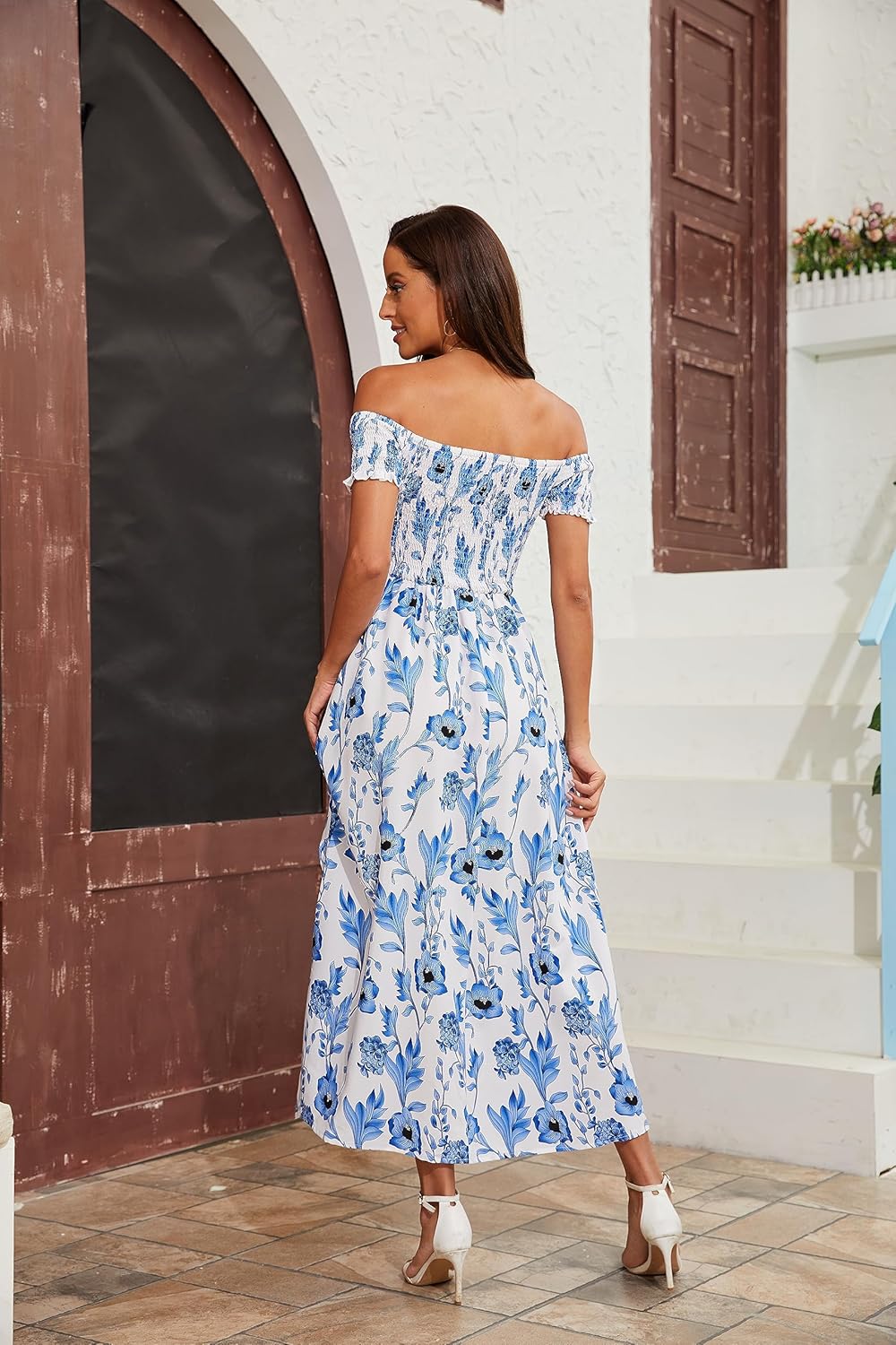Floerns Women's Boho Floral Print Off Shoulder Split Long A Line Dress