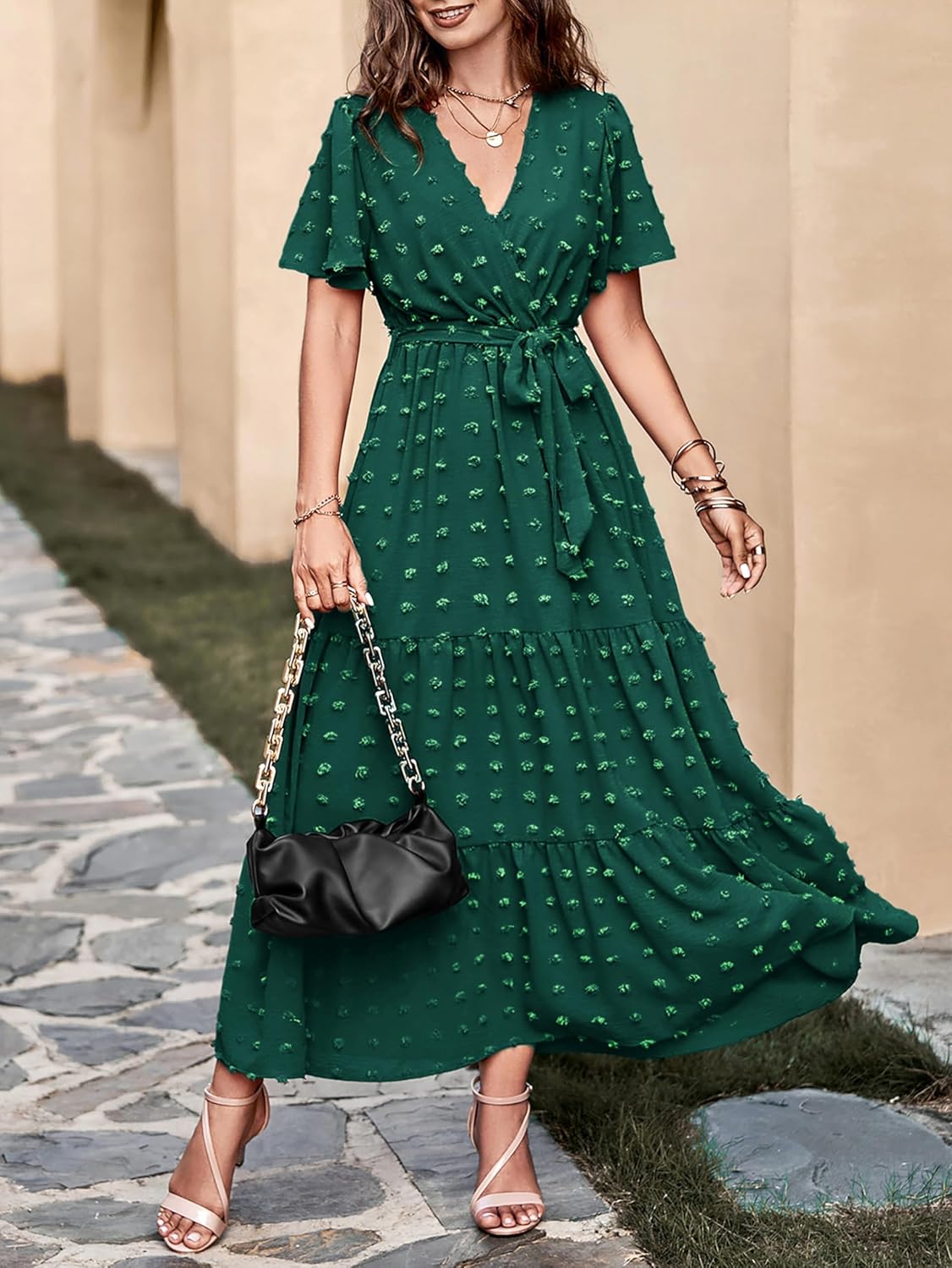 MASCOMODA Womens Boho Swiss Dot Maxi Dresses Wrap V Neck Flutter Short Sleeve Solid Tie Belt A Line Tiered Flowy Long Dress