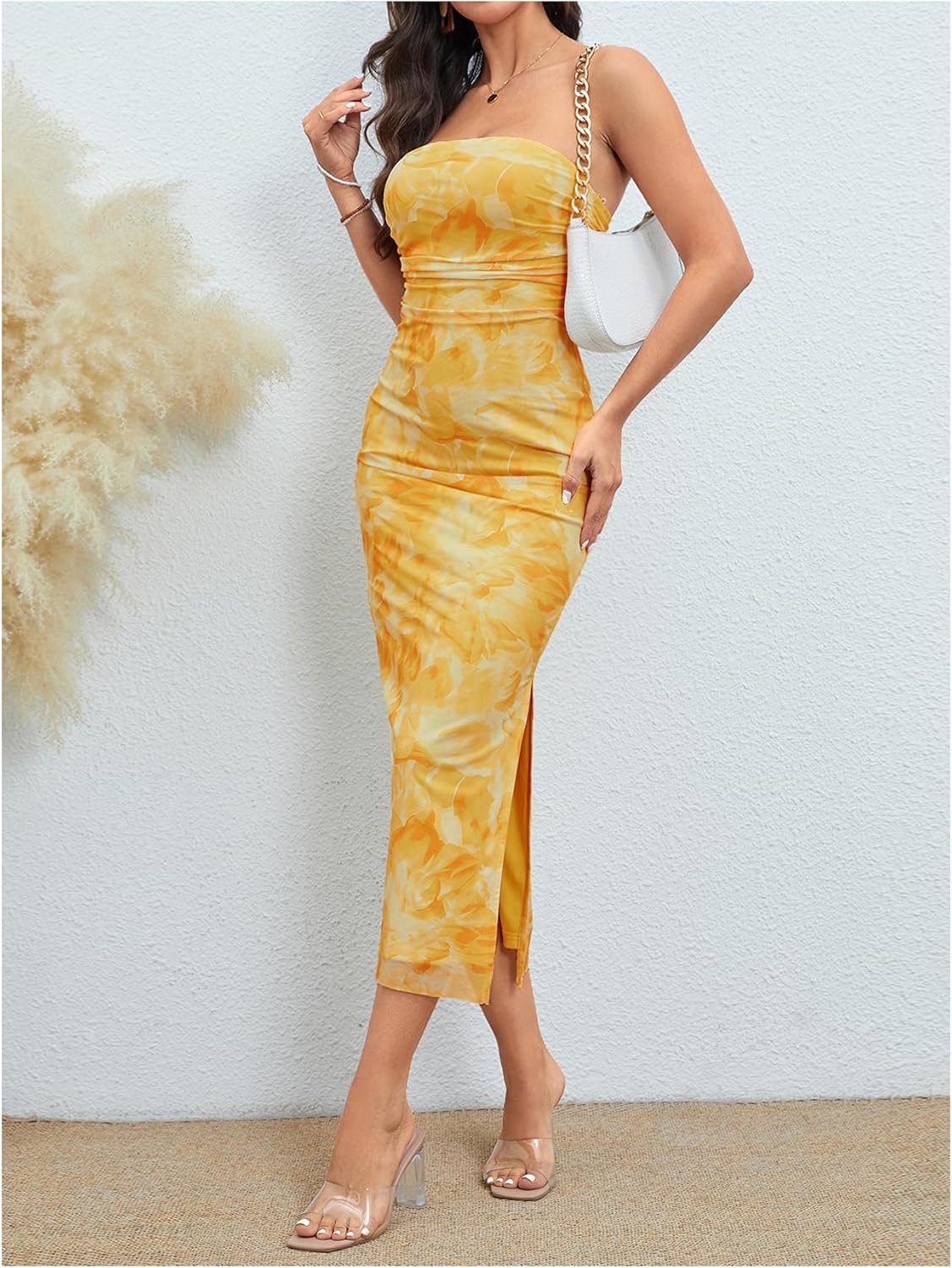 Milumia Women's Printed Strapless Tube Top Long Dress Slit Hem Sleeveless Bodycon Maxi Dresses
