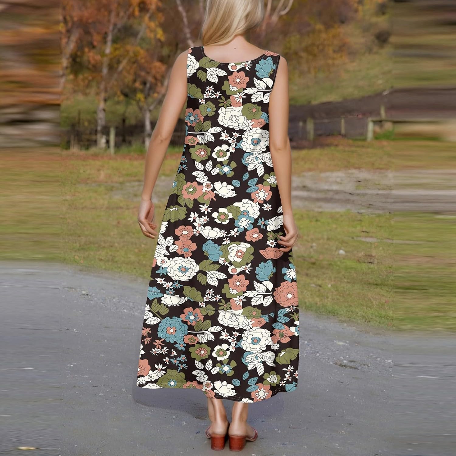 Womens Summer Tank Dress Vacation Boho Floral Long Dresses with Pockets Resort Wear Swing Beach Sleeveless Sundress