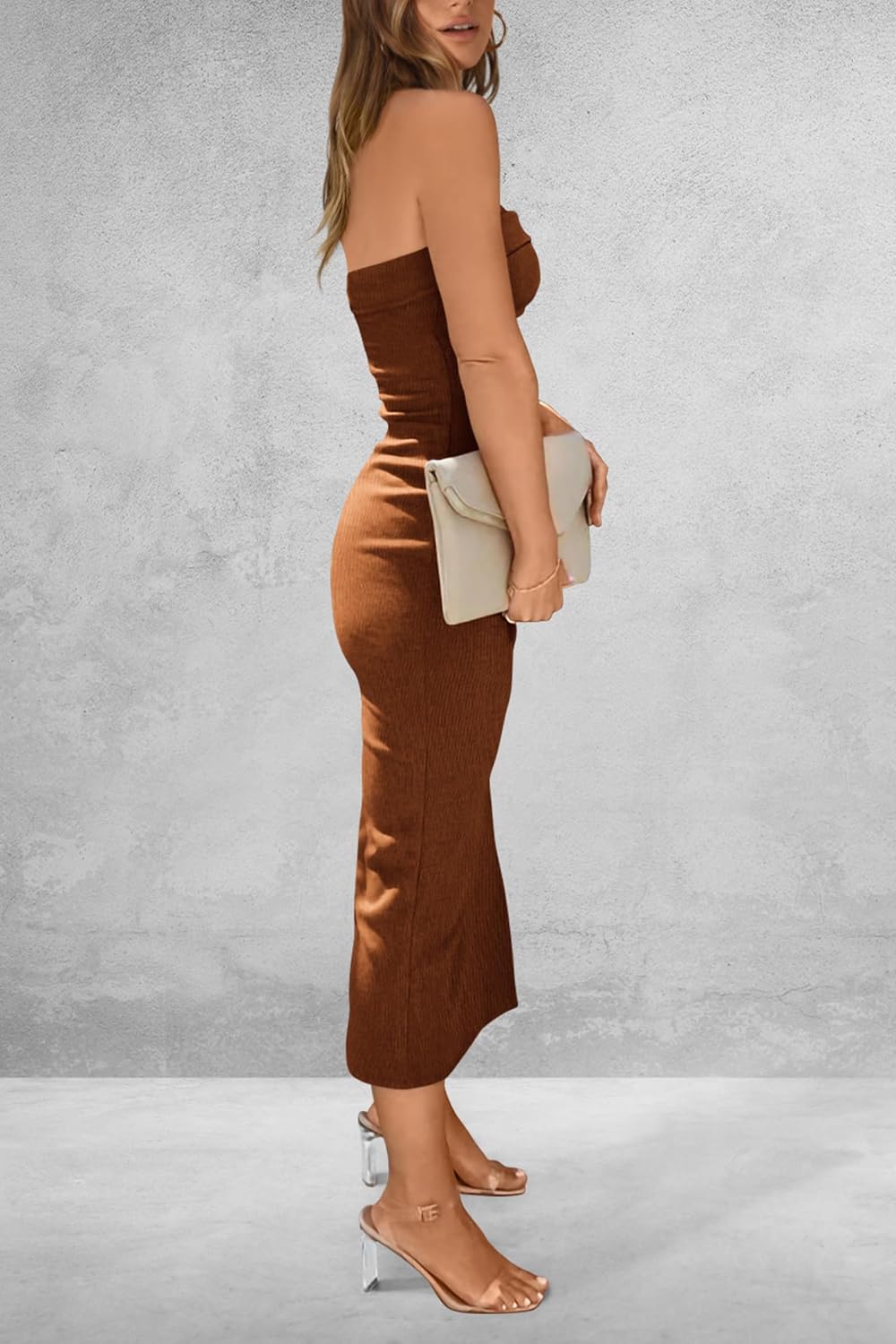 PRETTYGARDEN Women's Summer Bodycon Maxi Tube Dress Ribbed Strapless Side Slit Long Going Out Casual Elegant Party Dresses