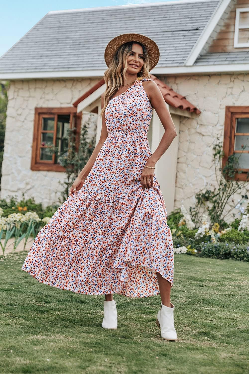 PRETTYGARDEN Women's Summer Floral Maxi Dress Knot One Shoulder Sleeveless Ruffle Flowy Boho Beach Wedding Guest Dresses
