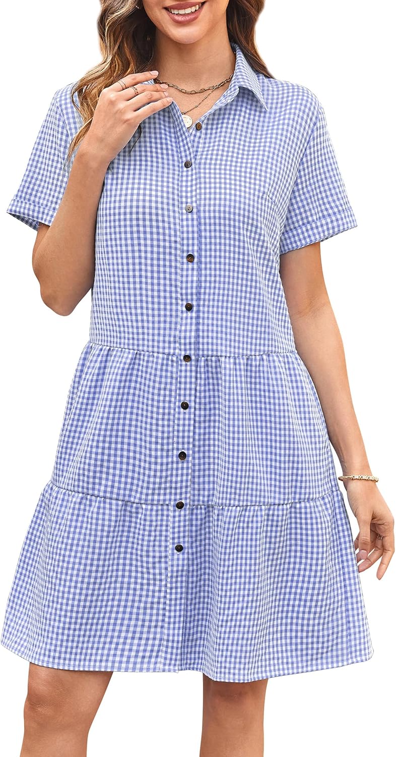 CCTOO Women's Summer Dresses Casual V Neck Button Down 3/4 Sleeve Floral Print Loose Flowy Shirt Dress