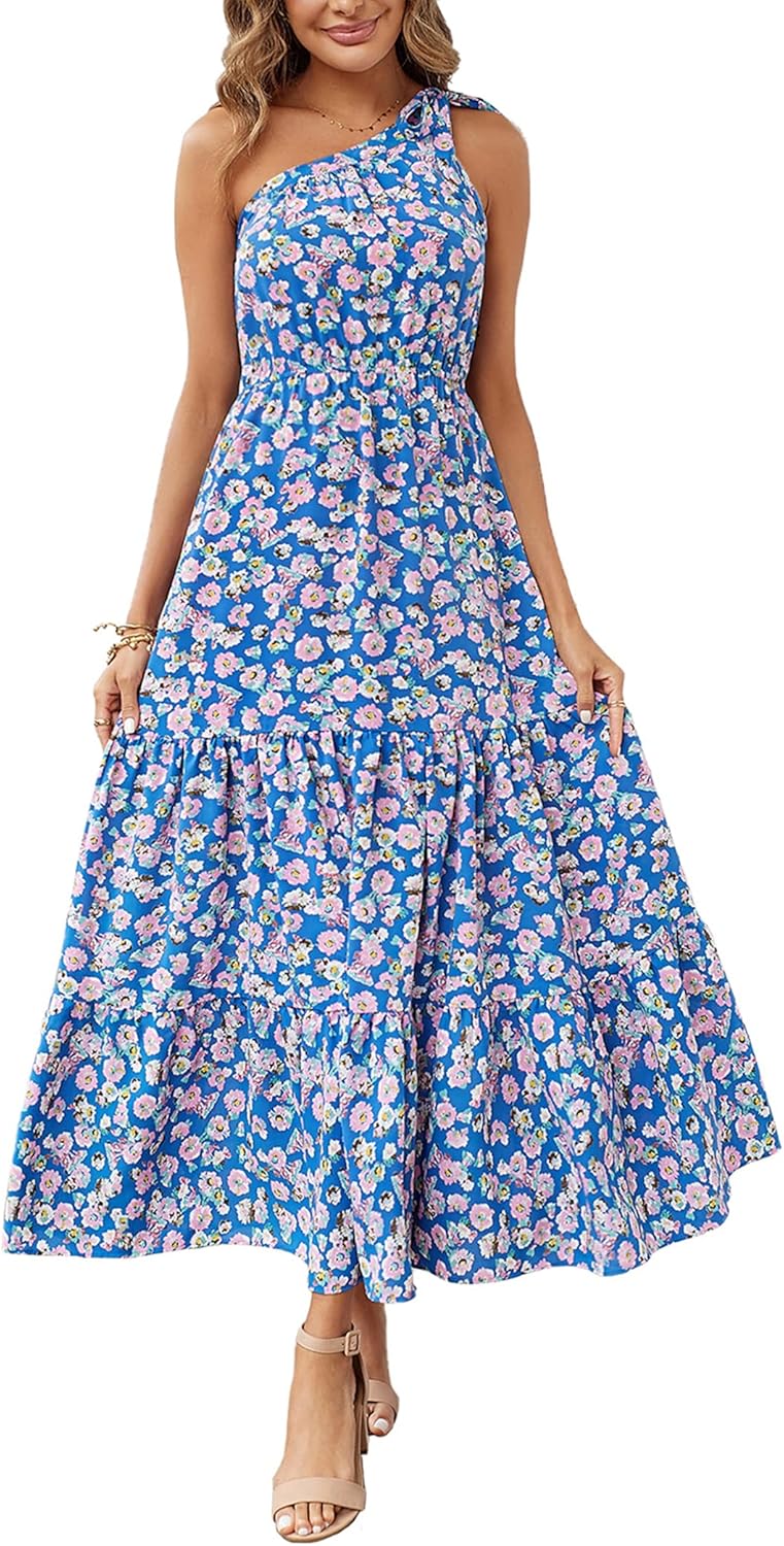 PRETTYGARDEN Women's Summer Floral Maxi Dress Knot One Shoulder Sleeveless Ruffle Flowy Boho Beach Wedding Guest Dresses