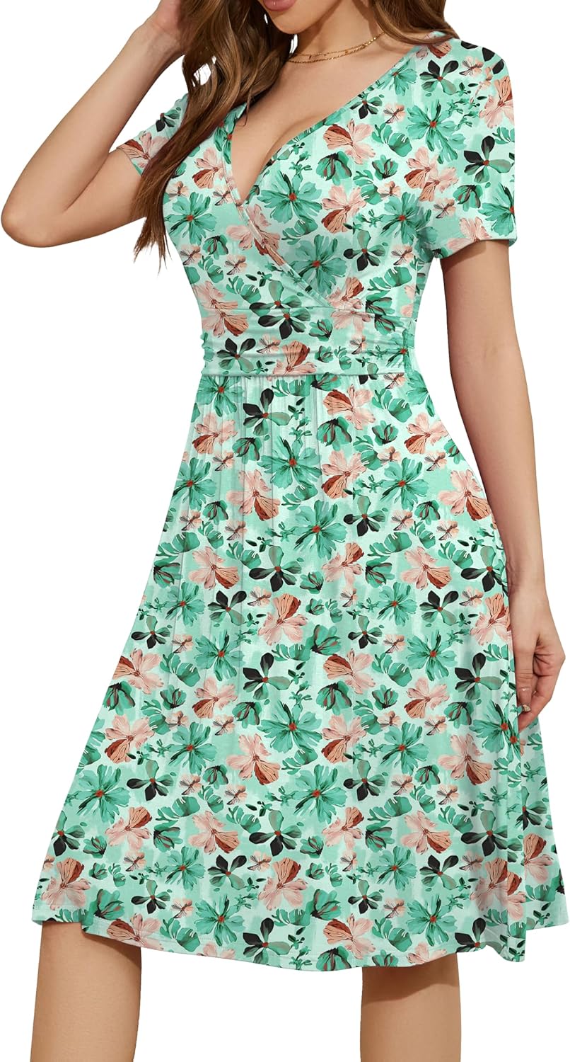 WEACZZY Women's Summer Short Sleeve Casual Dresses V-Neck Floral Party Dress with Pockets