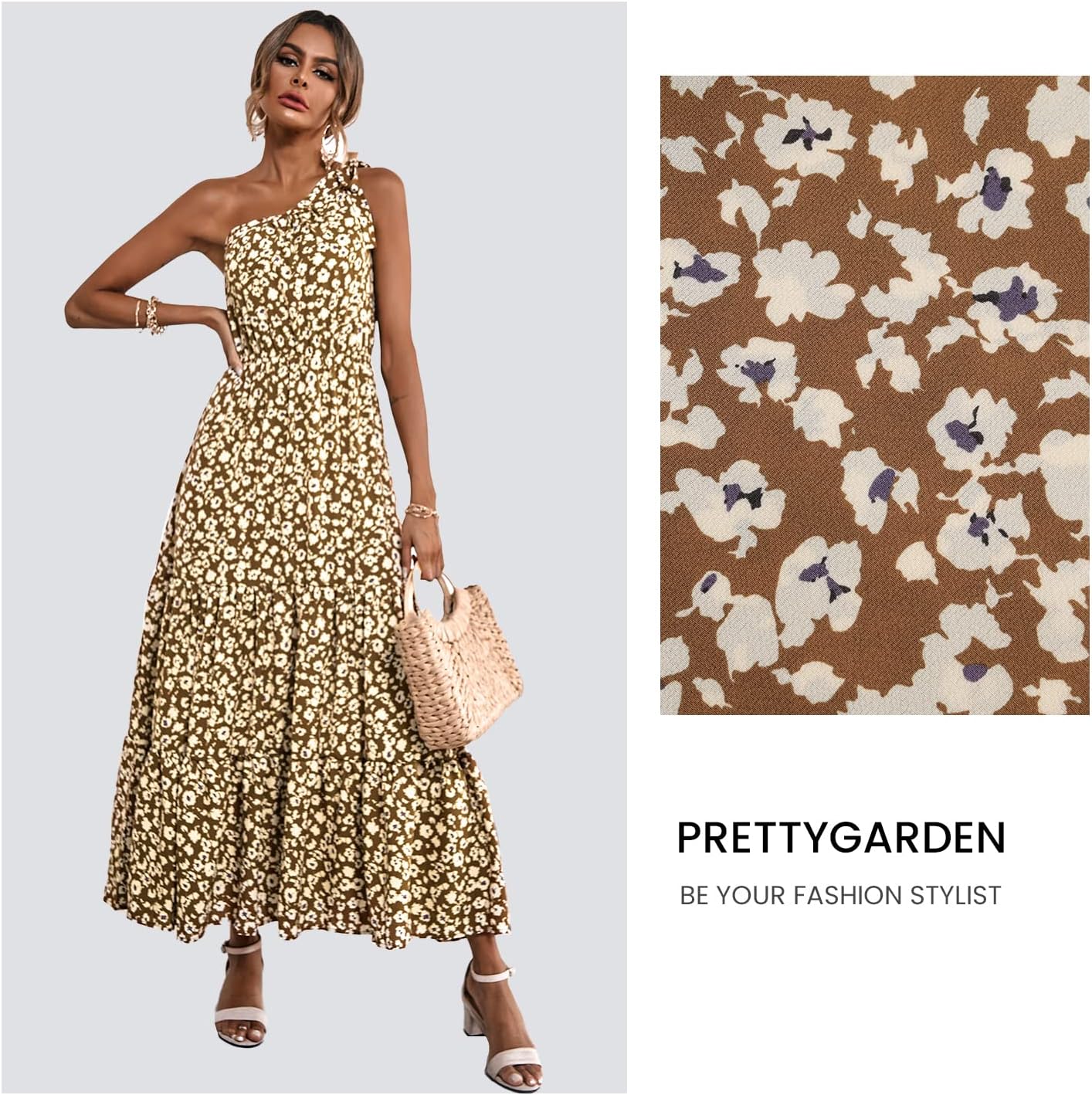 PRETTYGARDEN Women's Summer Floral Maxi Dress Knot One Shoulder Sleeveless Ruffle Flowy Boho Beach Wedding Guest Dresses