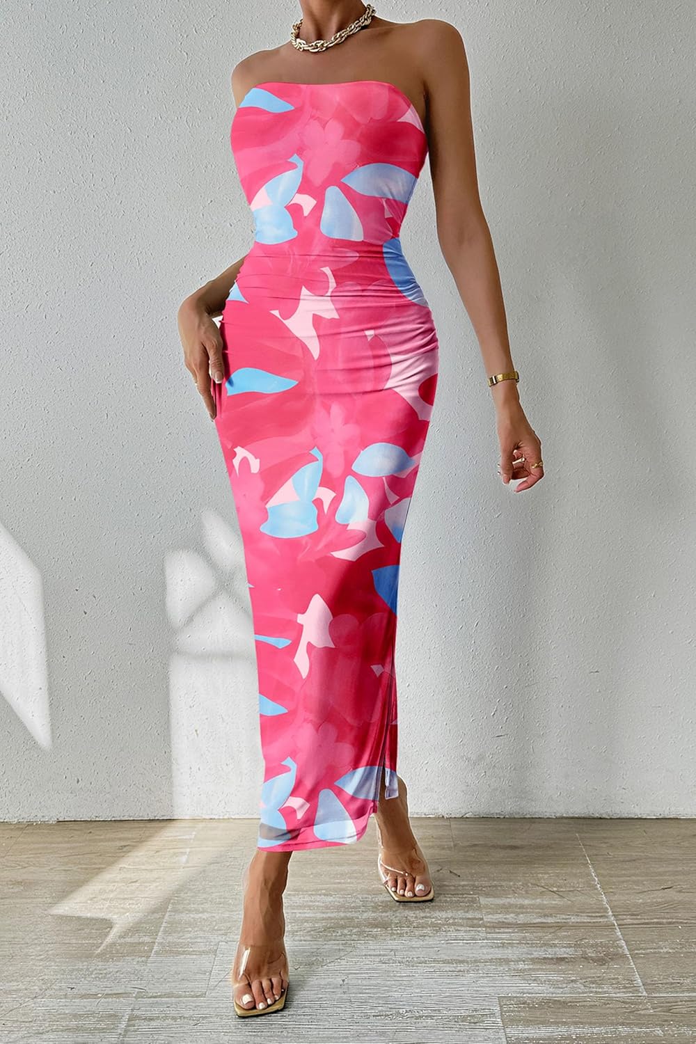 PRETTYGARDEN Women's Summer Maxi Bodycon Dresses Strapless Tube Top Printed Long Party Club Slit Dress