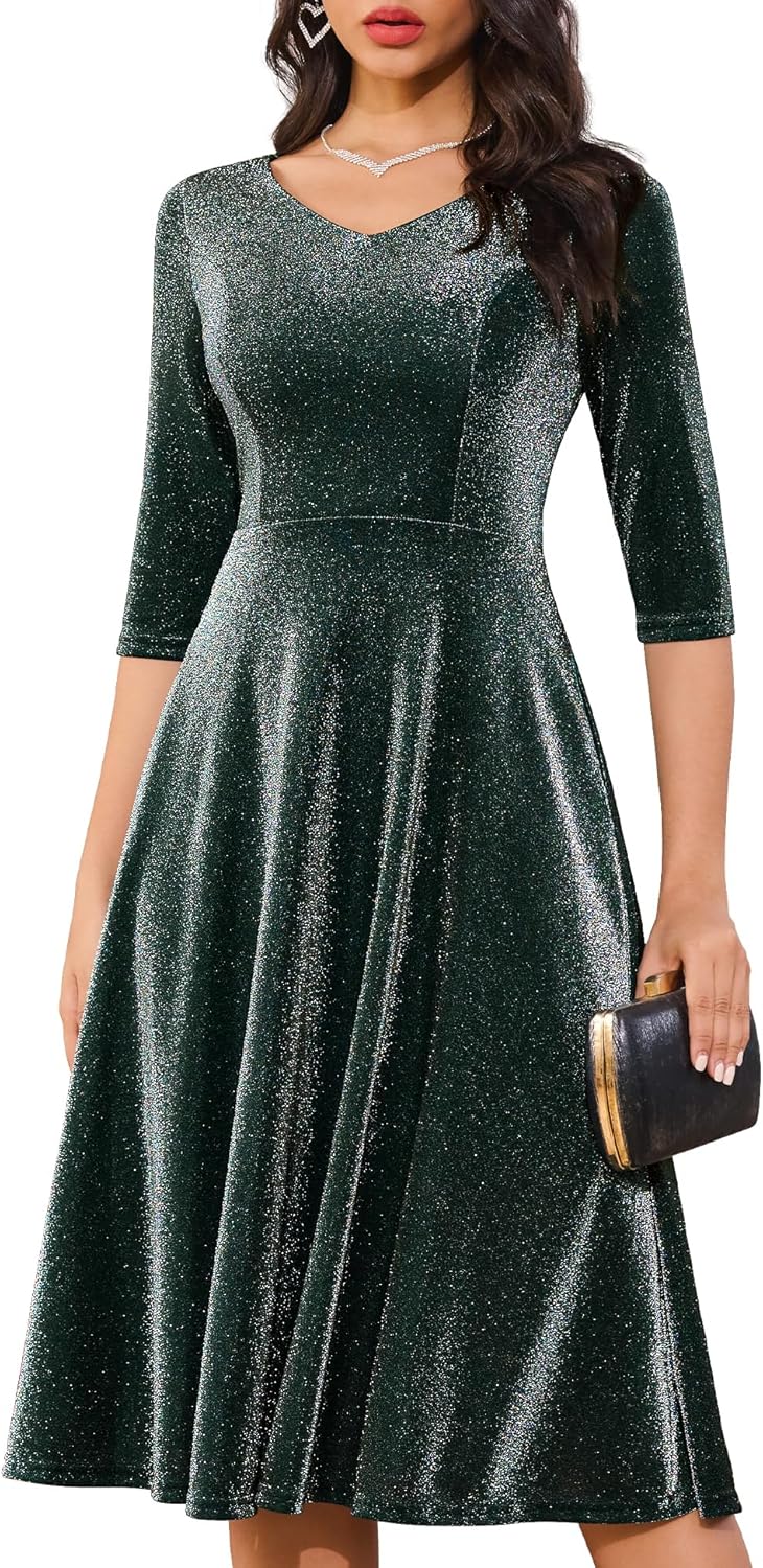 Dressystar Womens Long-Sleeve Wedding Guest Dress A-Line Lace Formal Party Cocktail Midi Dress Prom Gown