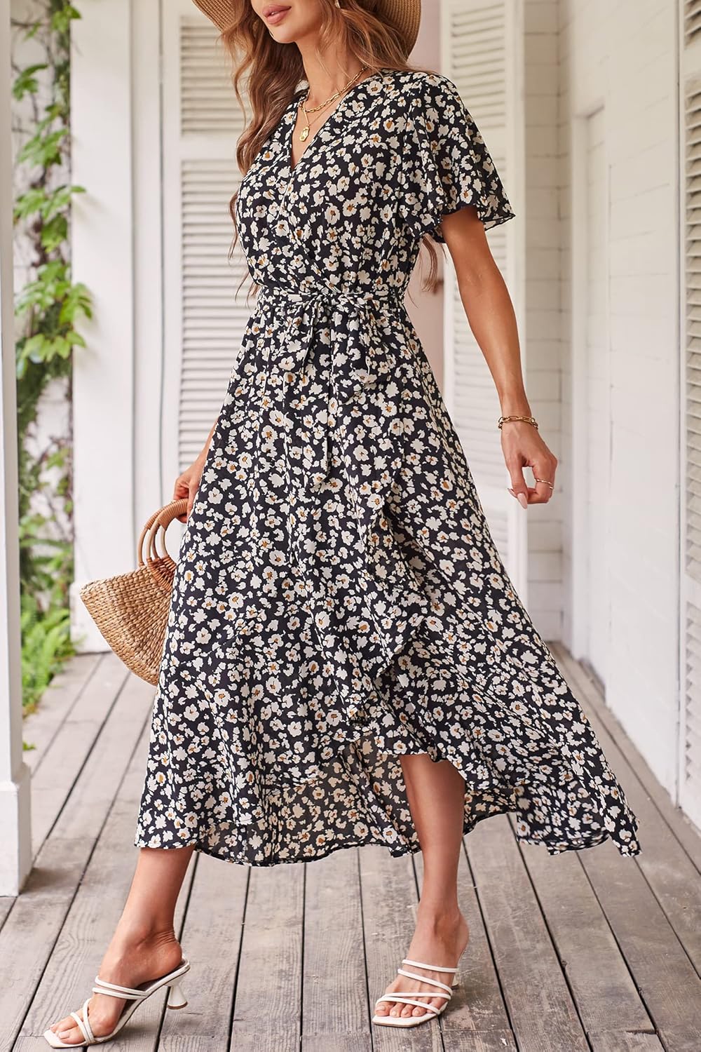 PRETTYGARDEN Women's Summer Floral Boho Dress Wrap V Neck Short Sleeve Ruffle A-Line Flowy Maxi Wedding Guest Dresses