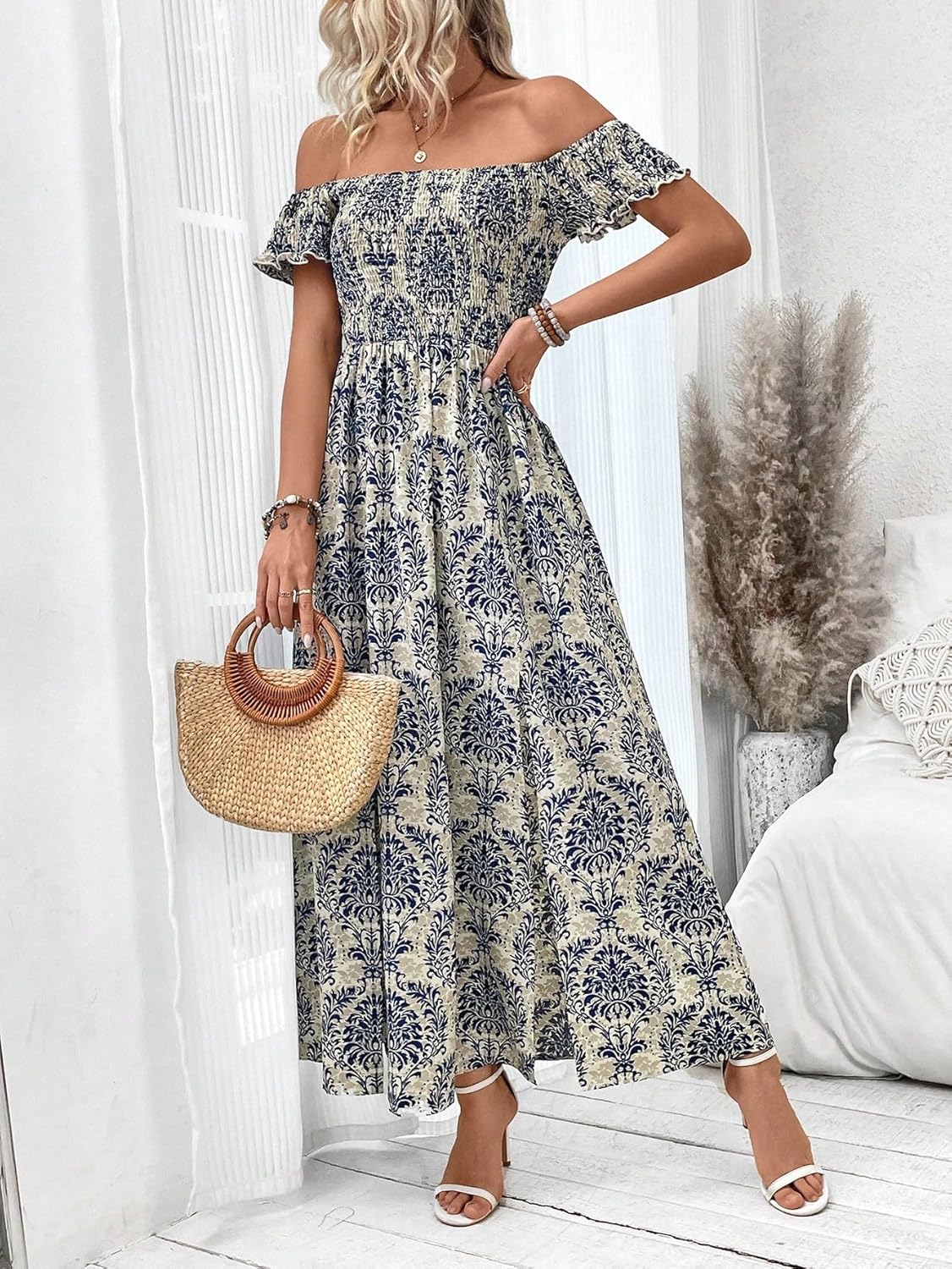 Floerns Women's Boho Floral Print Off Shoulder Split Long A Line Dress