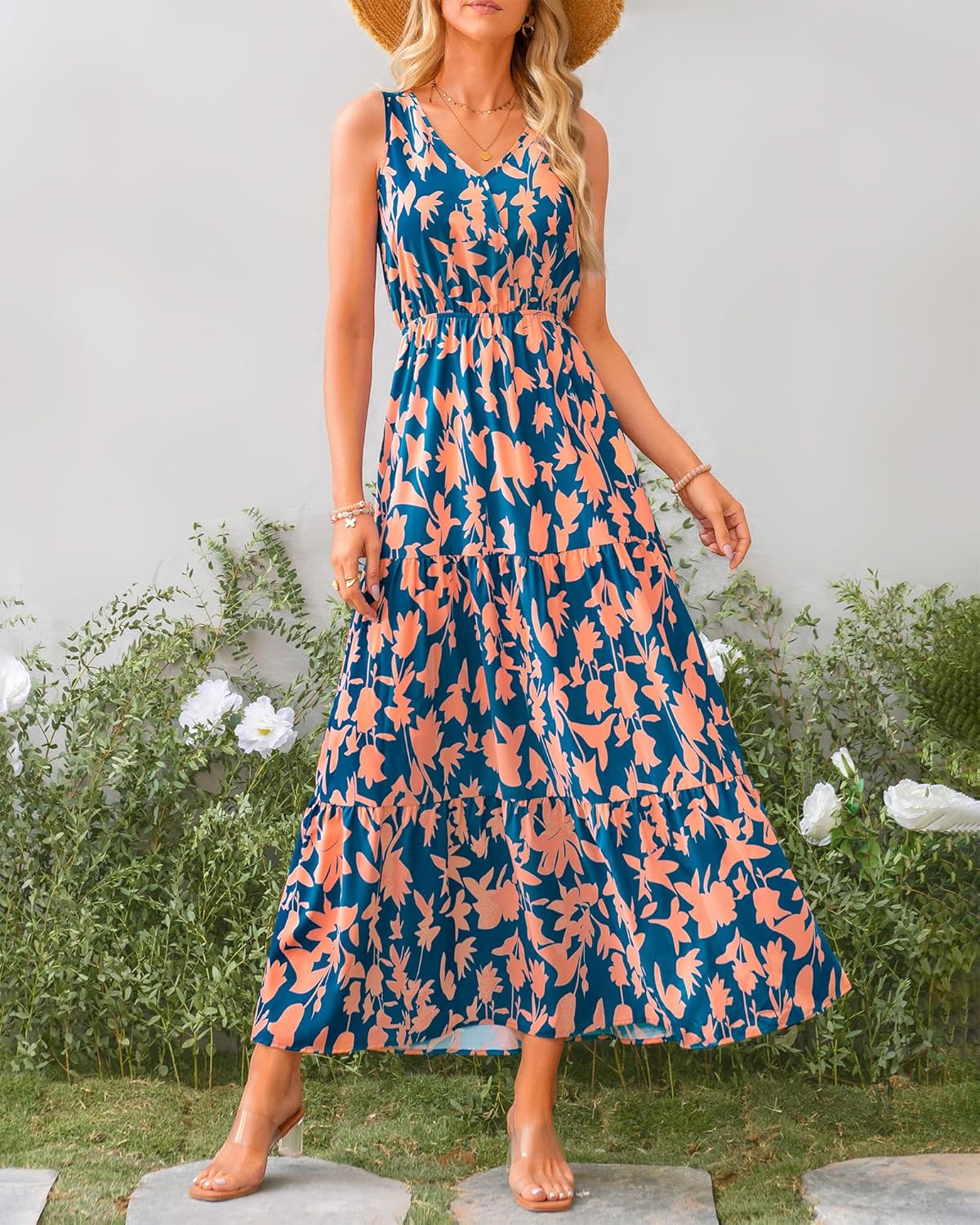 BTFBM Women Summer Dresses Casual Sleeveless Maxi Dresses Cute Floral Long Dress Wedding Guest Dress