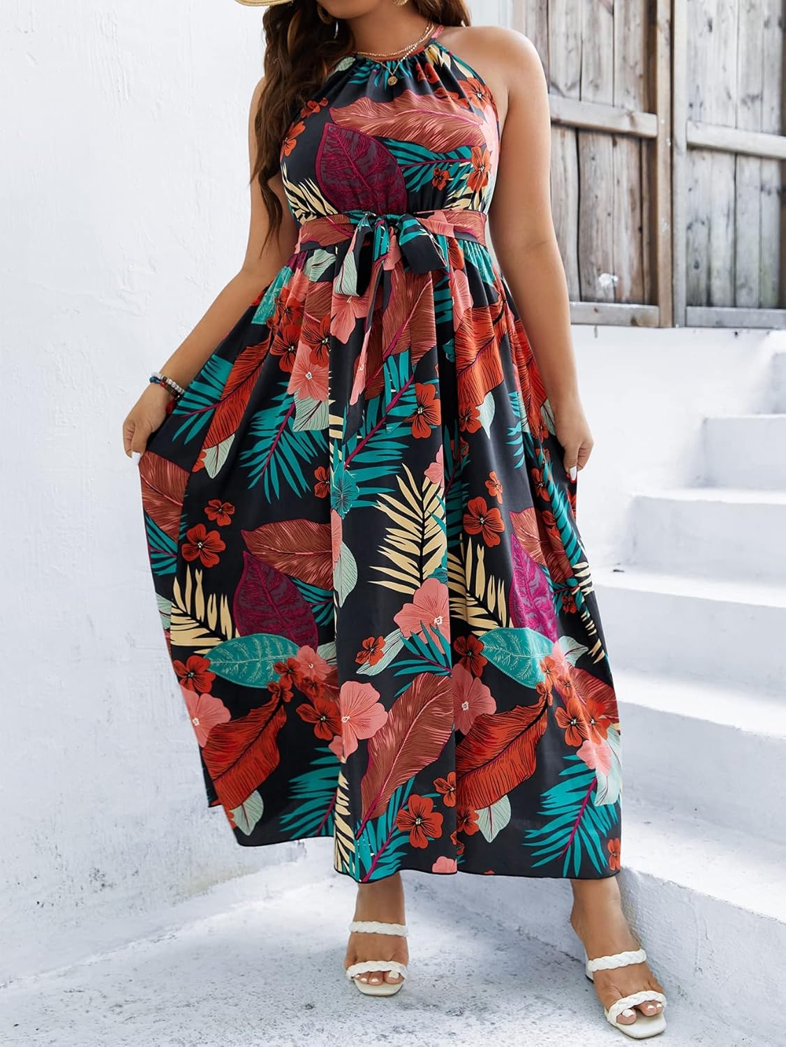 Floerns Women's Plus Size Boho Sleeveless Halter Neck Tie Back A Line Long Dress