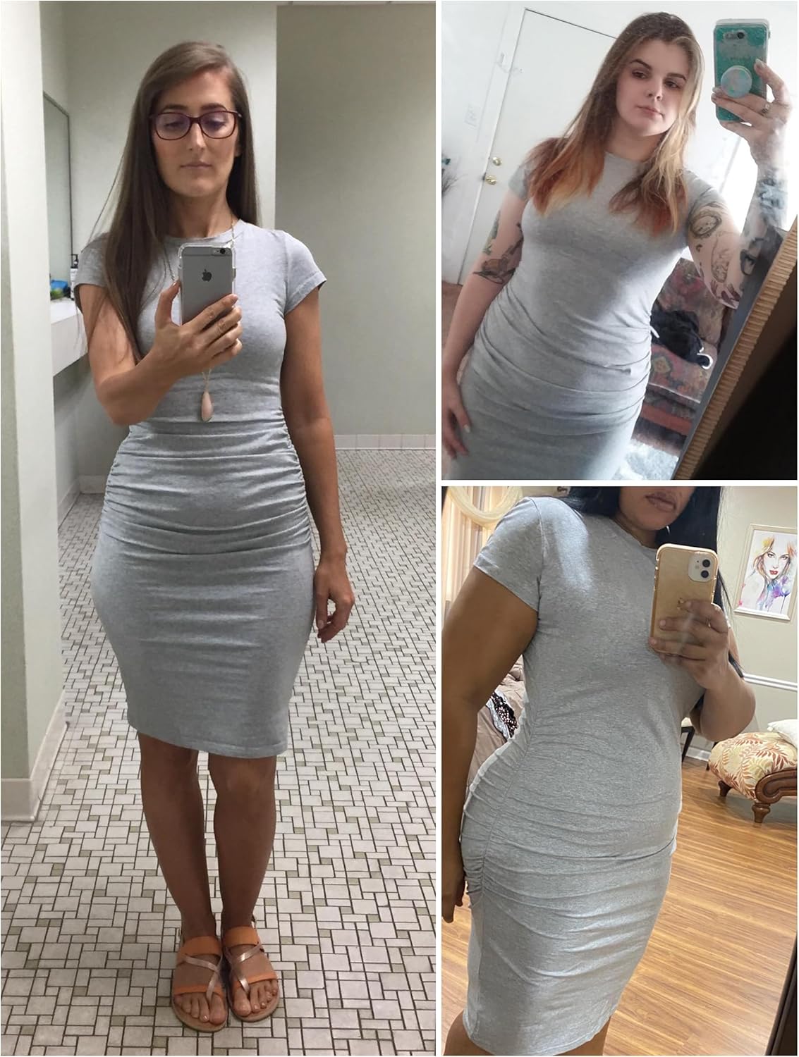 Missufe Women's Short Sleeve Ruched Casual Sundress Midi Bodycon T Shirt Dress