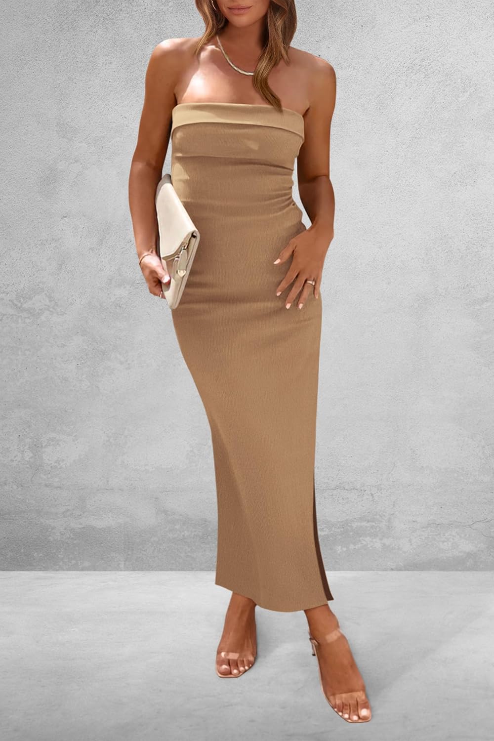 PRETTYGARDEN Women's Summer Bodycon Maxi Tube Dress Ribbed Strapless Side Slit Long Going Out Casual Elegant Party Dresses