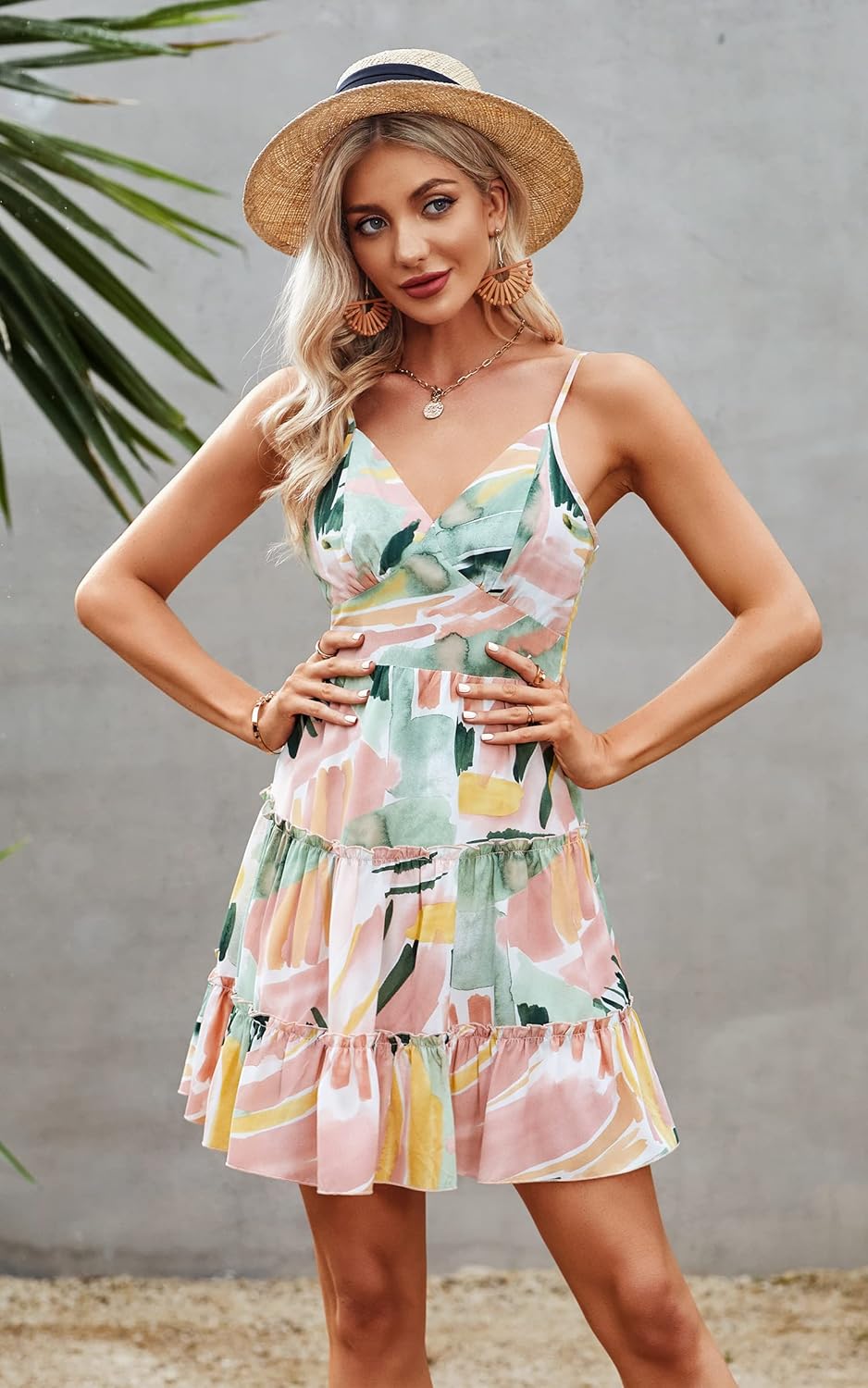 ECOWISH Summer Dresses for Women 2025 V-Neck Spaghetti Strap Bowknot Backless Sleeveless Lace Mini Swing Skater Dress