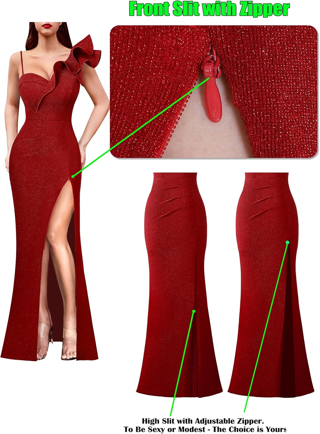 VFSHOW Womens Ruffle One Shoulder Strap Ruched Formal Prom Wedding Maxi Dress V Neck Elegant Split Cocktail Evening Long Gown