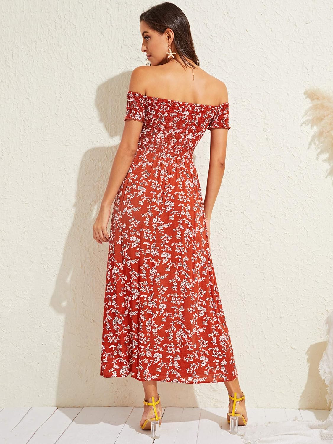 Floerns Women's Boho Floral Print Off Shoulder Split Long A Line Dress