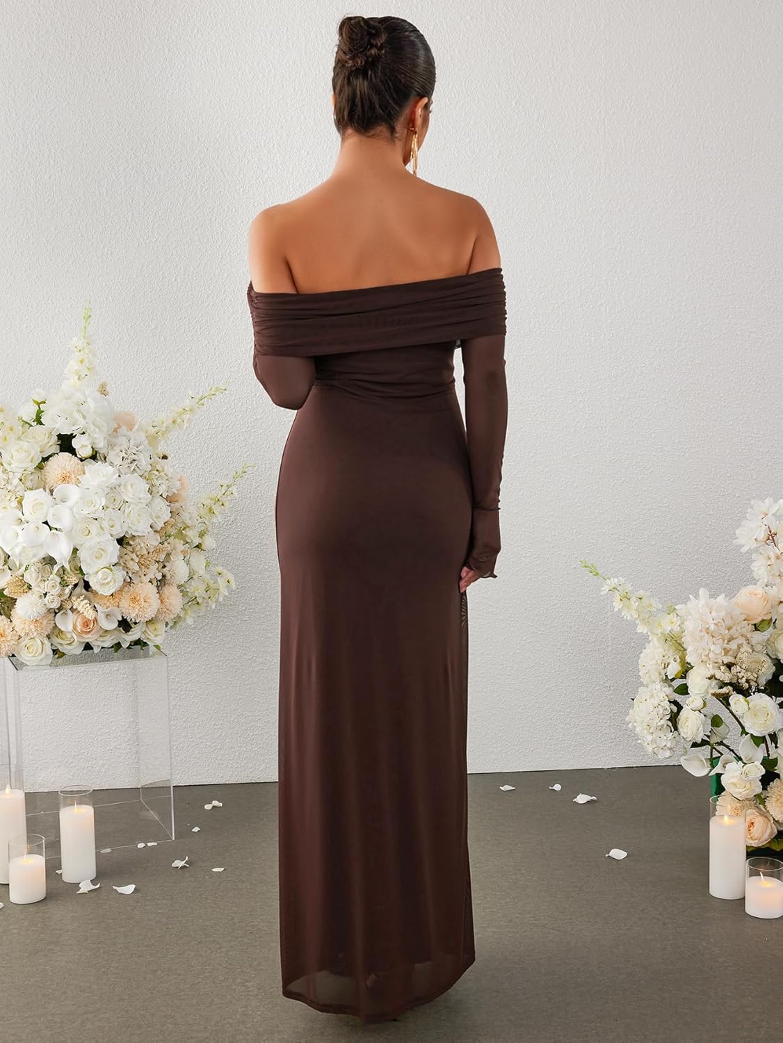 KUTUMAI Women Off Shoulder Bodycon Maxi Dress Long Sleeve Mesh Ruched Party Formal Wedding Guest Dresses