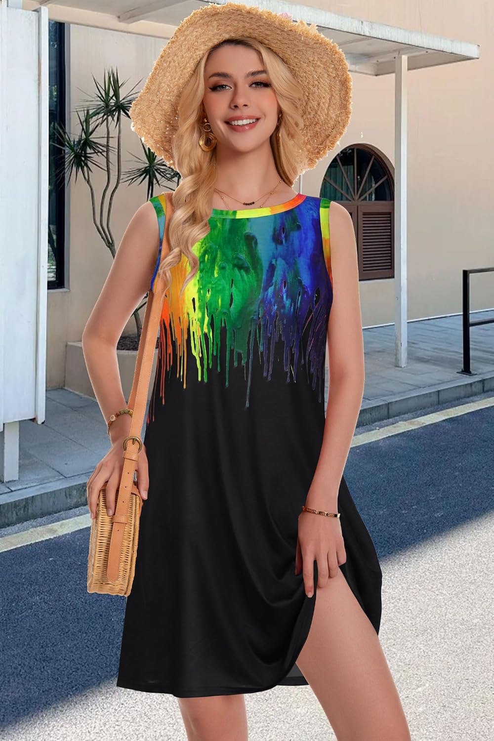 Summer Dresses for Women Beach Boho Sleeveless Vintage Floral Flowy Pocket Tshirt Tank Sundresses