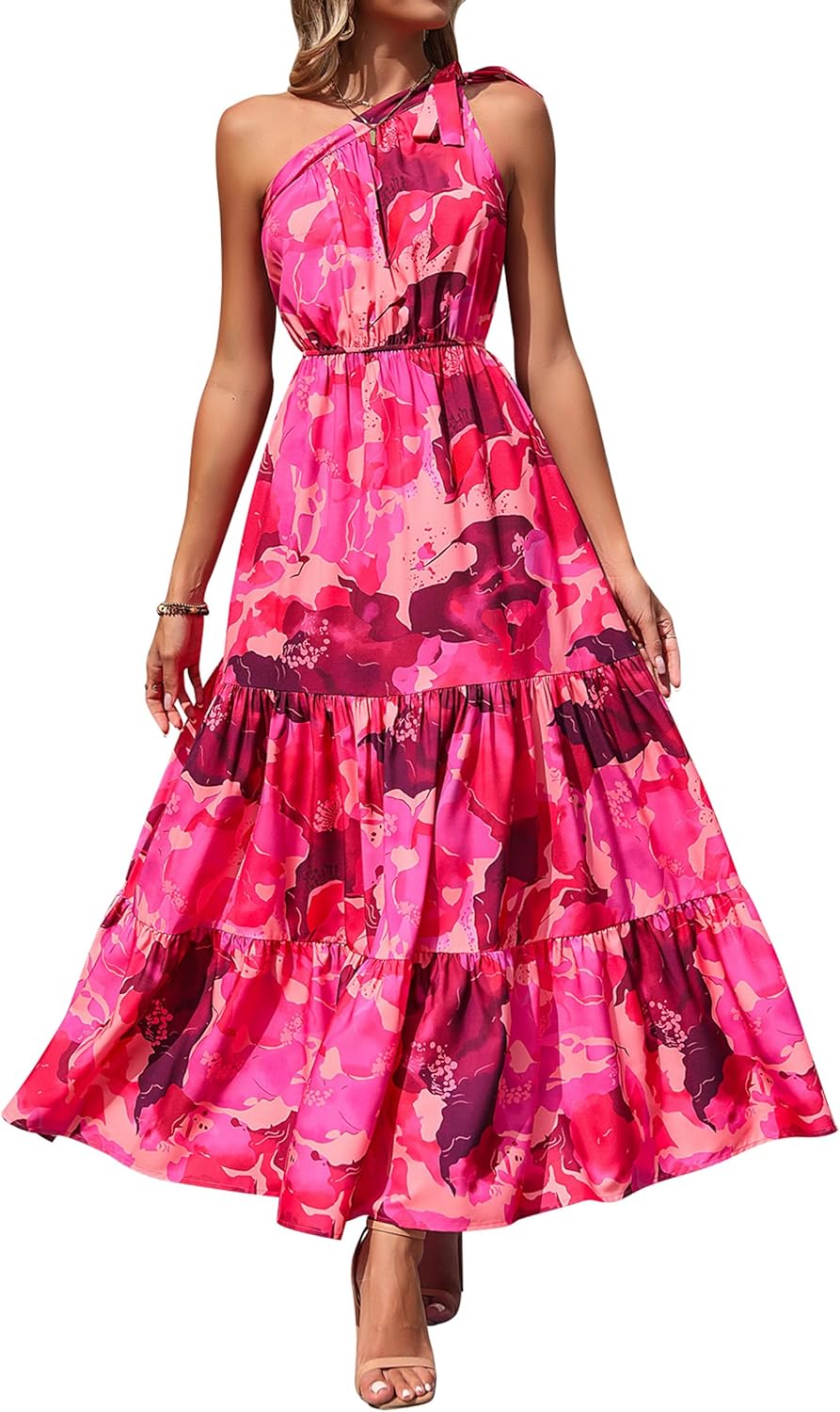 PRETTYGARDEN Women's Summer Floral Maxi Dress Knot One Shoulder Sleeveless Ruffle Flowy Boho Beach Wedding Guest Dresses