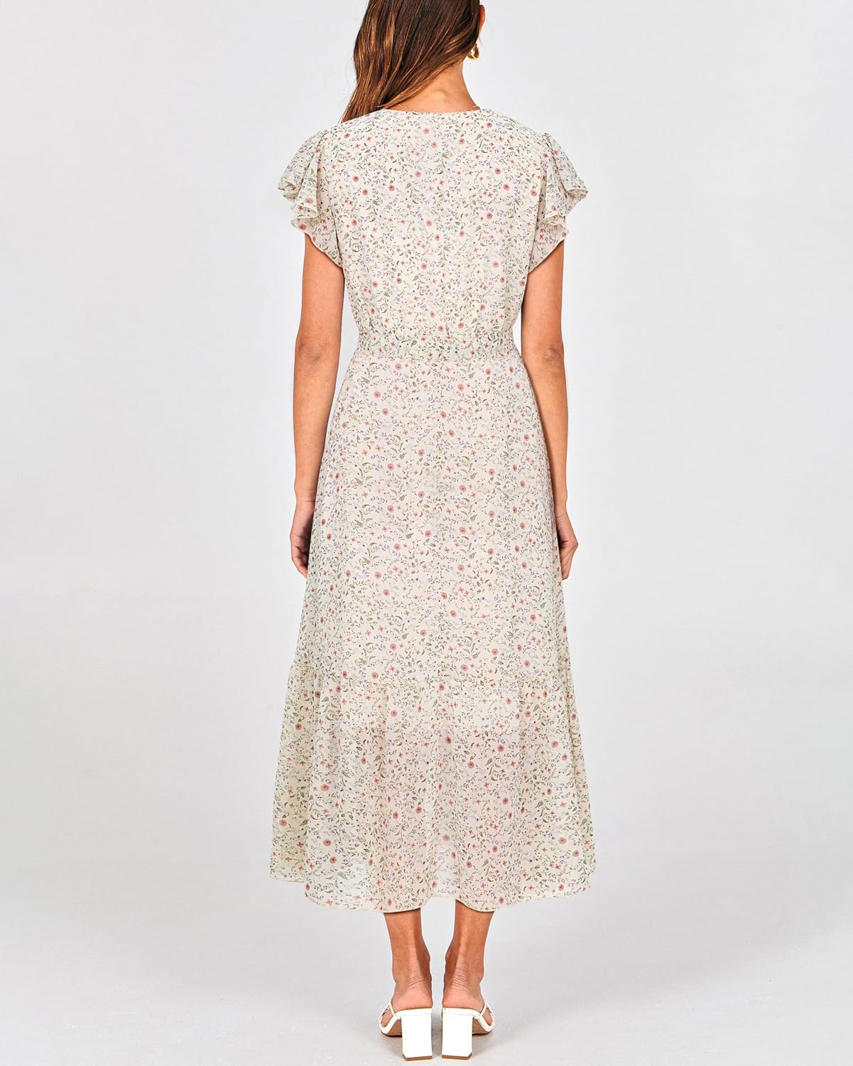 BTFBM Women Summer Bohemian Floral Casual Wrap V Neck Ruffle Cap Sleeveless Belt A-Line Pleated Hem Midi Sun Dress White