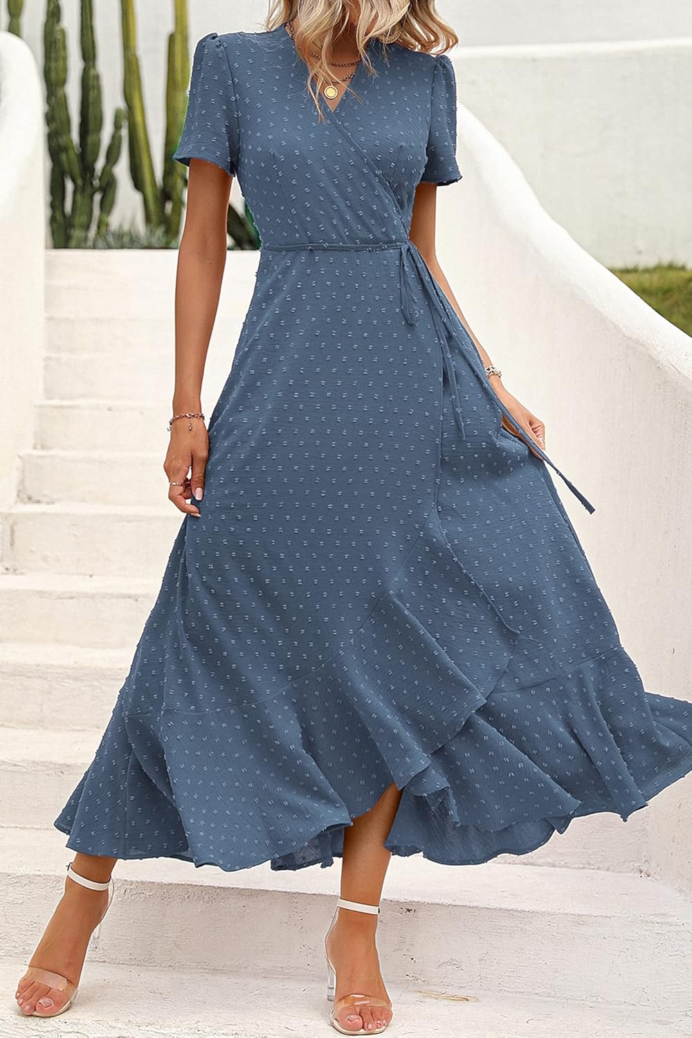 PRETTYGARDEN Women's Summer Wrap Maxi Dress Casual Short Sleeve Floral Boho V Neck Split Ruffle Beach Long Dresses
