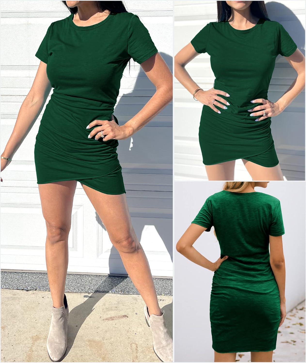 BTFBM Women's 2025 Summer Casual Beach Dresses Crew Neck Short Sleeve Wrap Party Club Mini Ruched Bodycon T Shirt Dress
