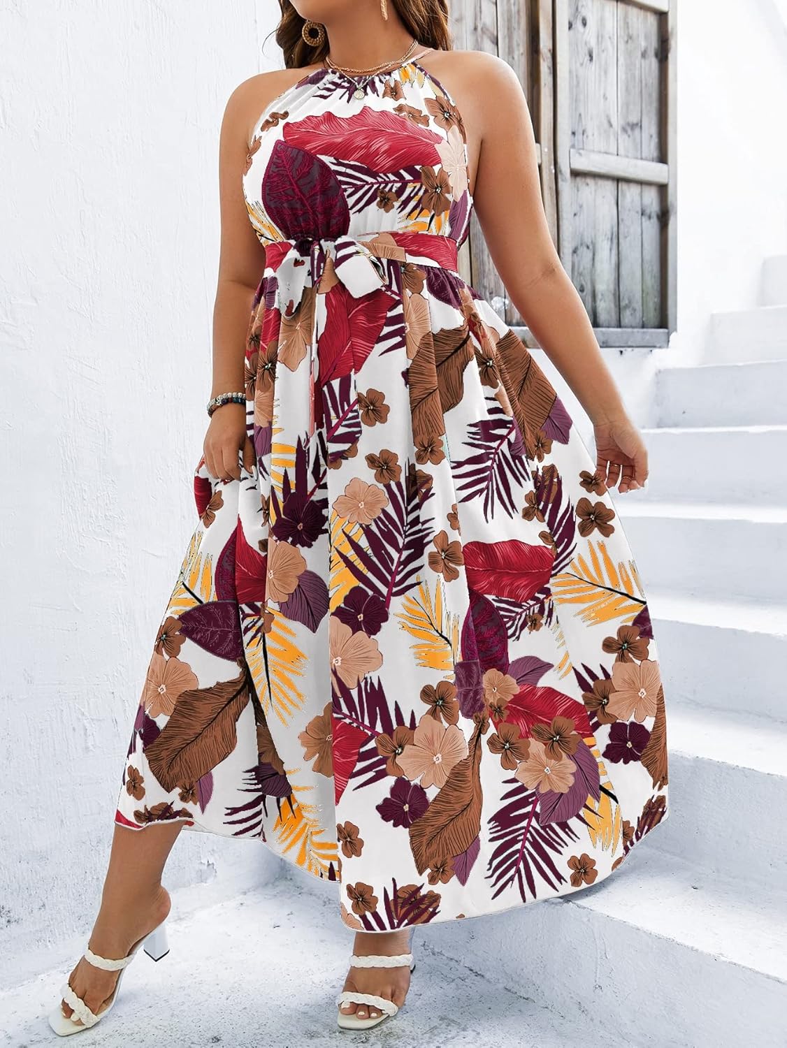 Floerns Women's Plus Size Boho Sleeveless Halter Neck Tie Back A Line Long Dress