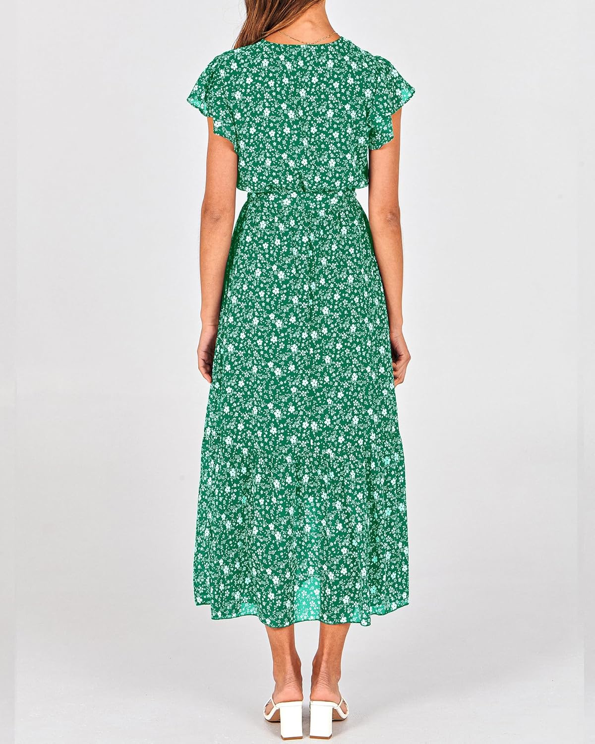 BTFBM Women Summer Bohemian Floral Casual Wrap V Neck Ruffle Cap Sleeveless Belt A-Line Pleated Hem Midi Sun Dress White
