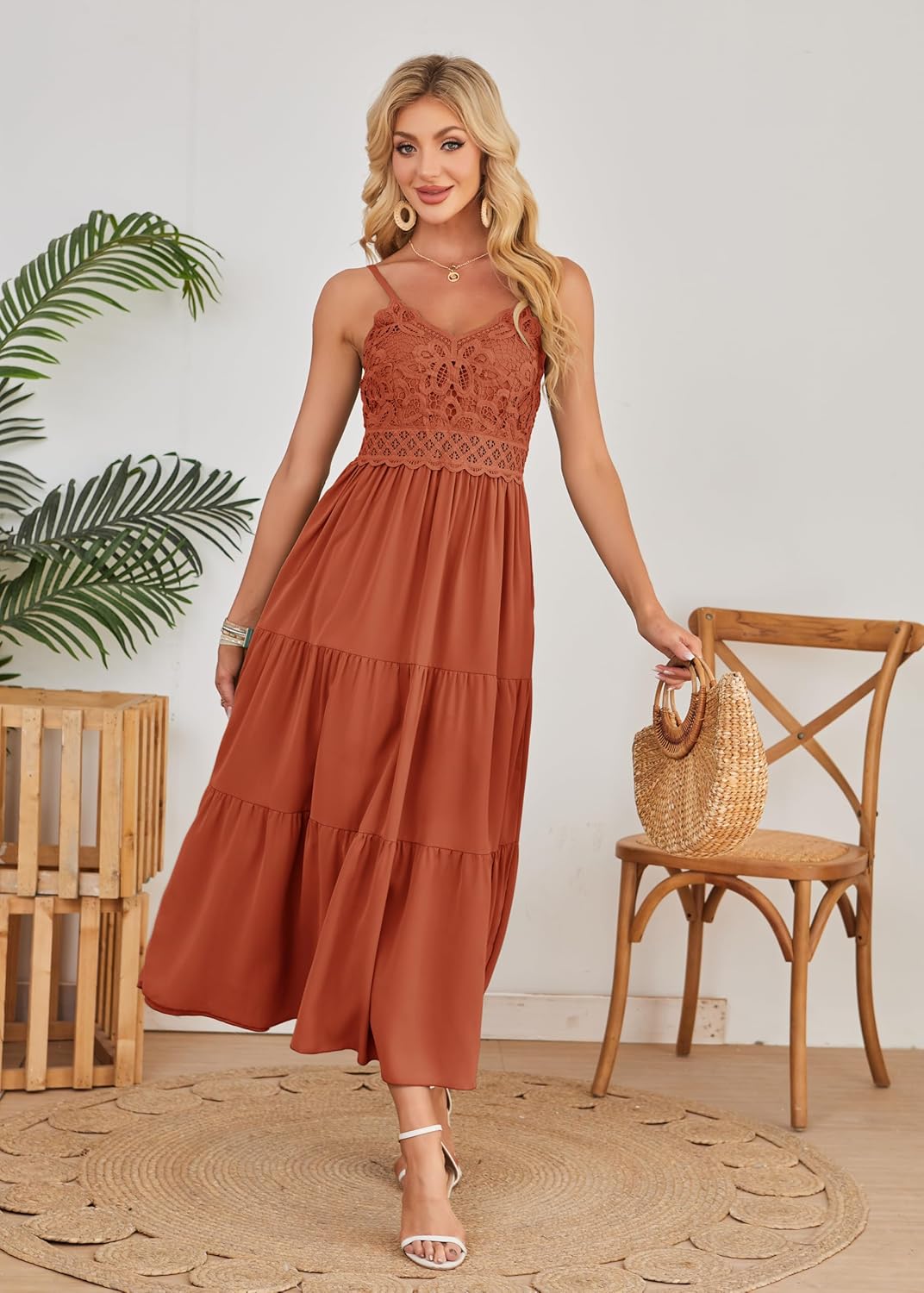 Dokuritu Women's Beach Crochet Lace Maxi Dress Solid Color Summer Vacation Spaghetti Strap Long Dress 2024