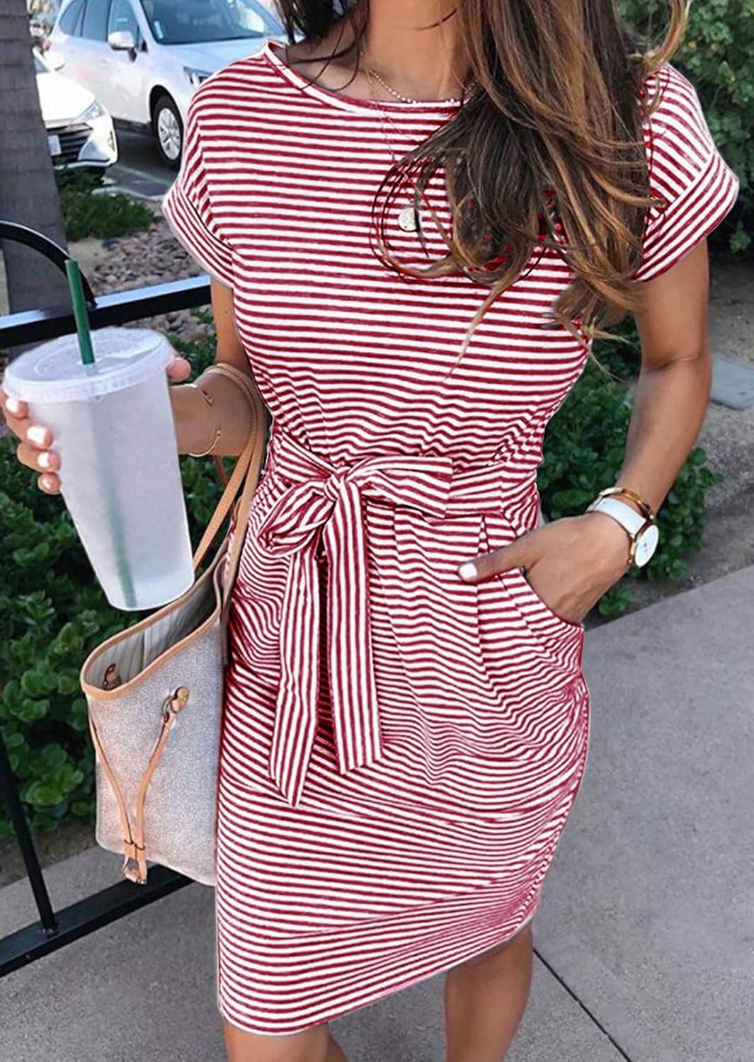 MEROKEETY Women's Summer Striped Short Sleeve T Shirt Dress Casual Tie Waist with Pockets