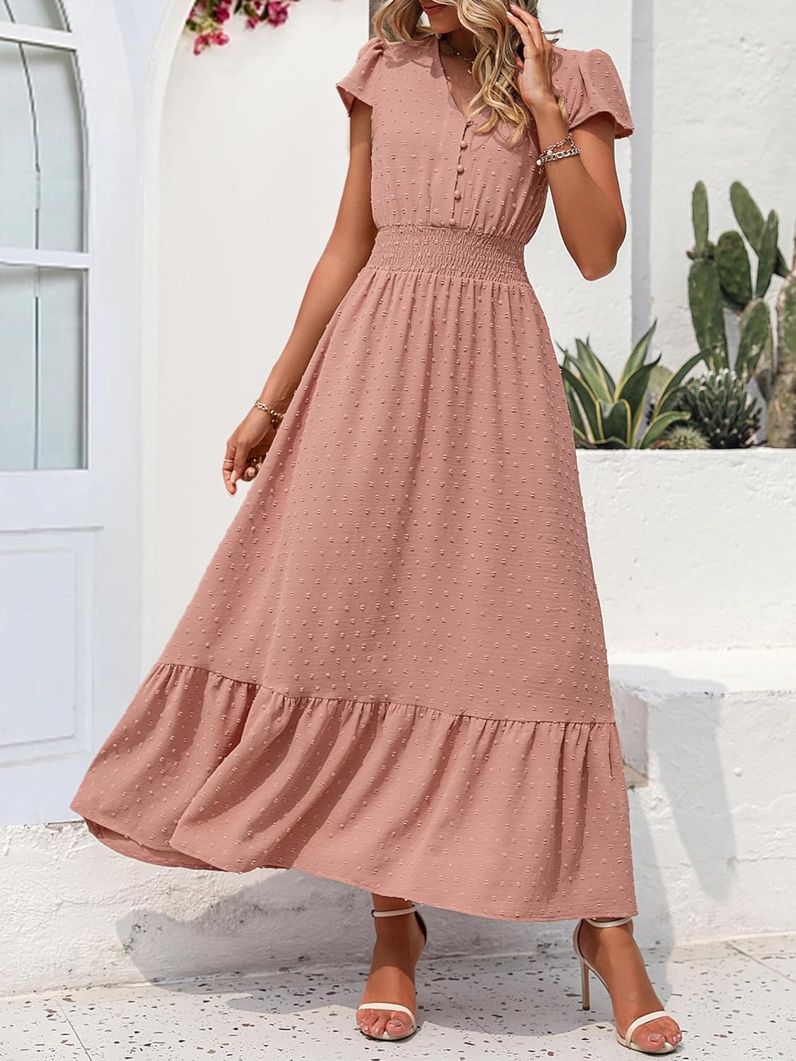 PRETTYGARDEN Womens Dresses 2025 Summer Maxi Dress Boho Short Sleeve V Neck Swiss Dot Ruffle Tiered Smocked Flowy Long Dress