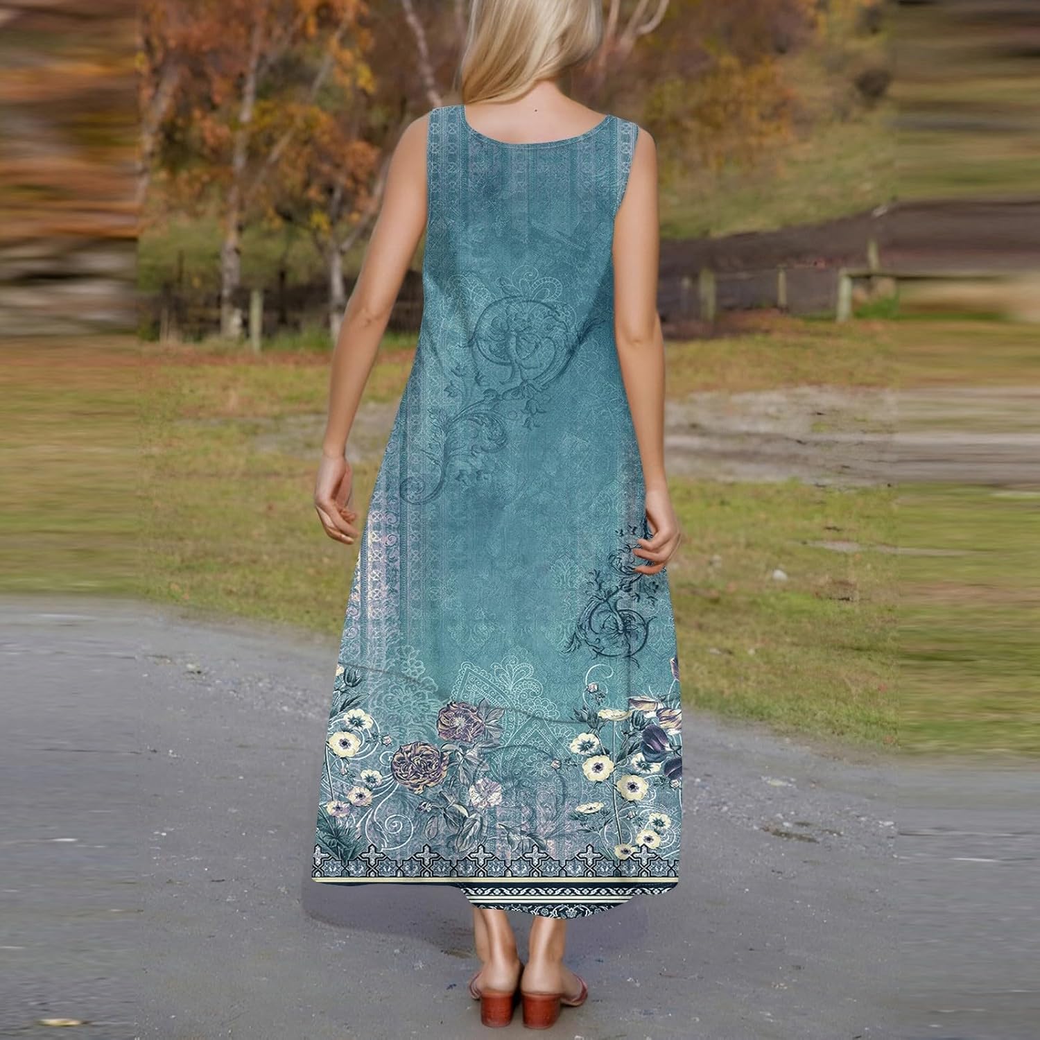 Womens Summer Tank Dress Vacation Boho Floral Long Dresses with Pockets Resort Wear Swing Beach Sleeveless Sundress