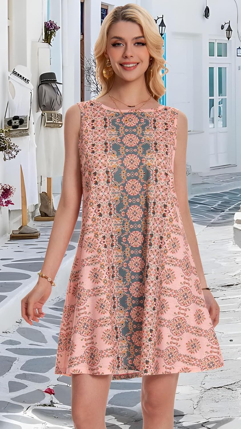 Summer Dresses for Women Beach Boho Sleeveless Vintage Floral Flowy Pocket Tshirt Tank Sundresses