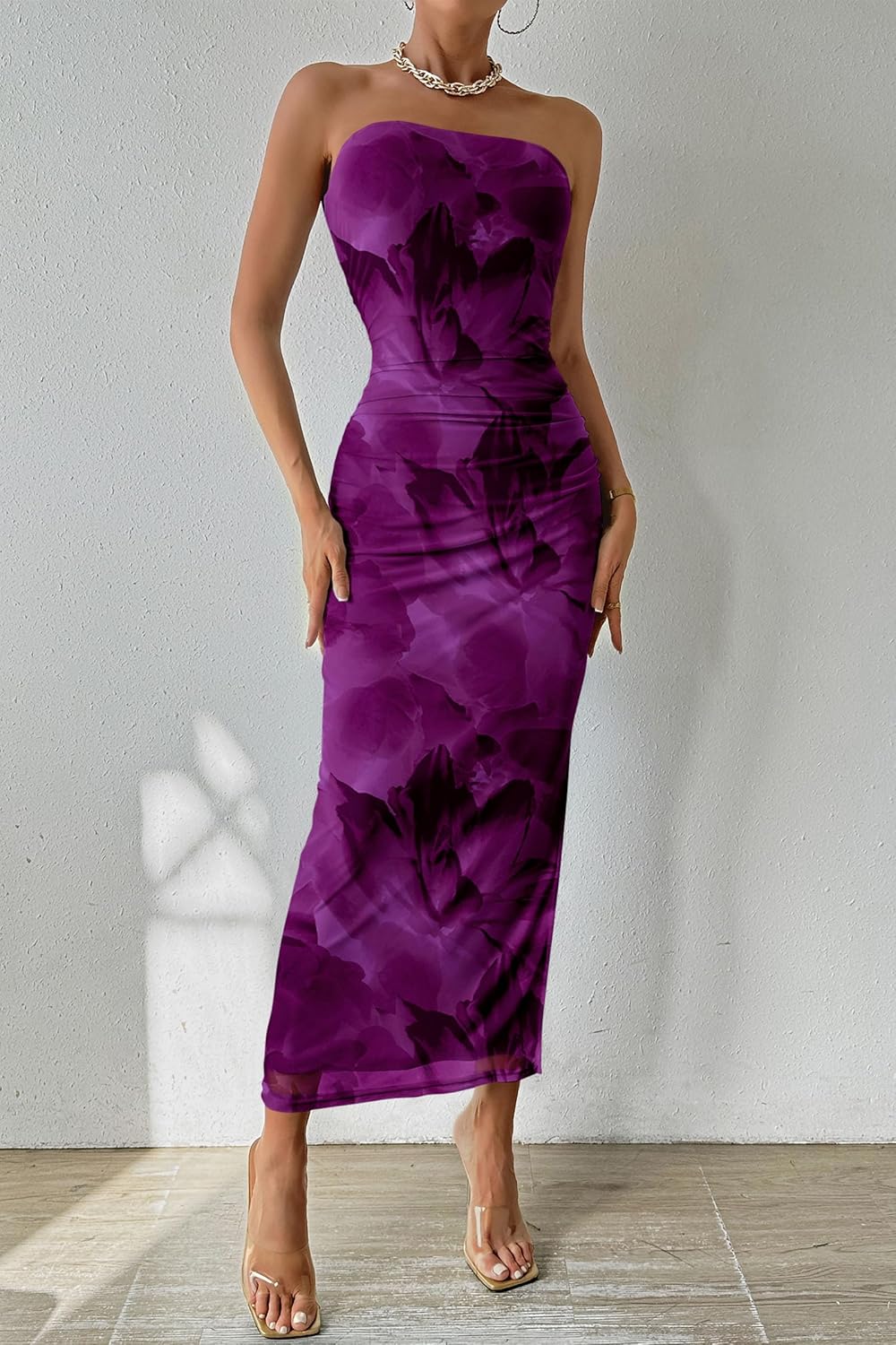 PRETTYGARDEN Women's Summer Maxi Bodycon Dresses Strapless Tube Top Printed Long Party Club Slit Dress