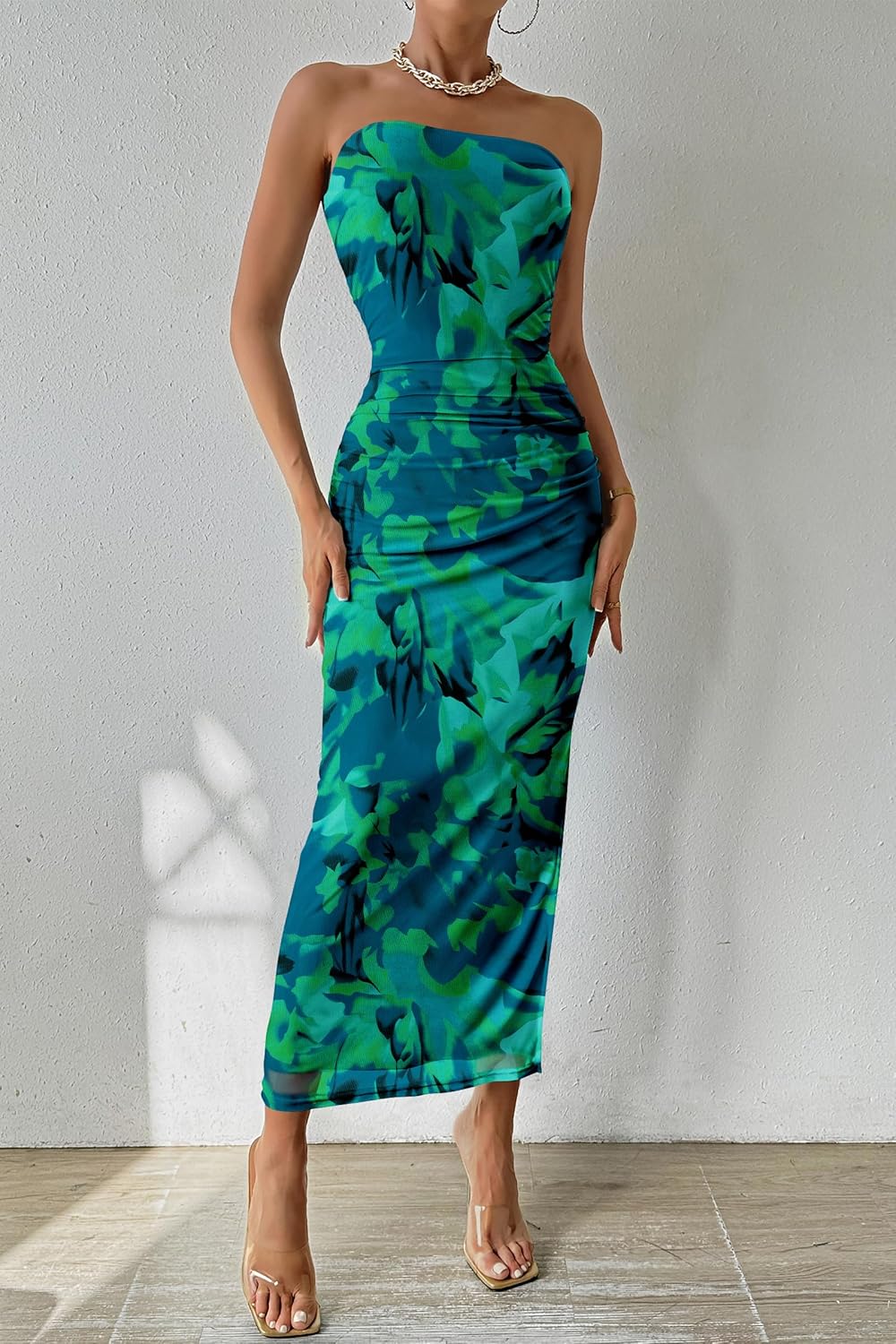 PRETTYGARDEN Women's Summer Maxi Bodycon Dresses Strapless Tube Top Printed Long Party Club Slit Dress